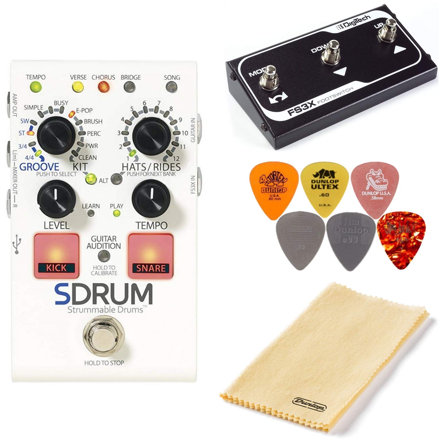 Digitech Sdrum Strummable Drums Pedal Bundle With Fs3X Footswitch, Polishing Cloth, And 6 Dunlop Picks