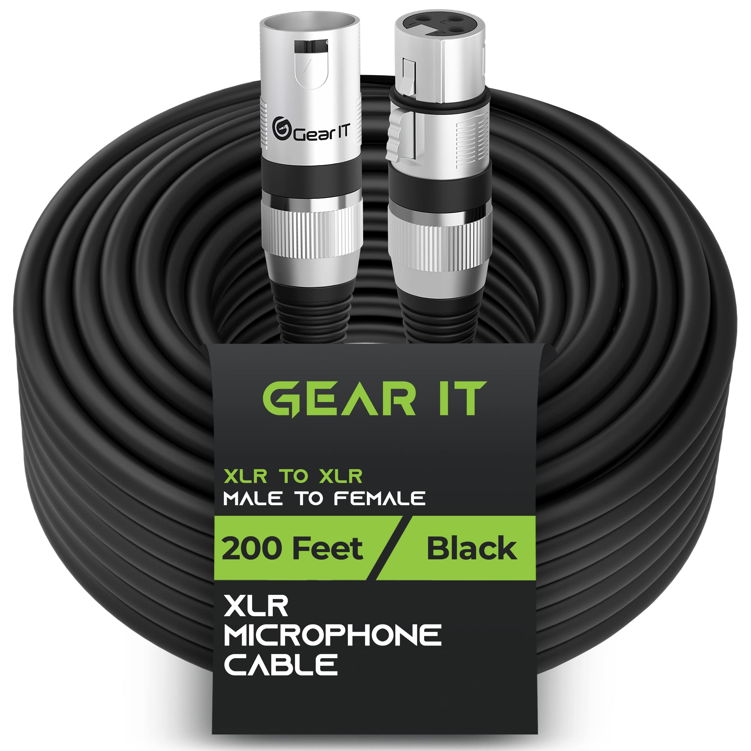 GEARit XLR Male to Female Microphone Cable (200 Feet, 1 Pack) 3-Pin Balanced Shielded Mixer, Recording Studio, Podcast - Black