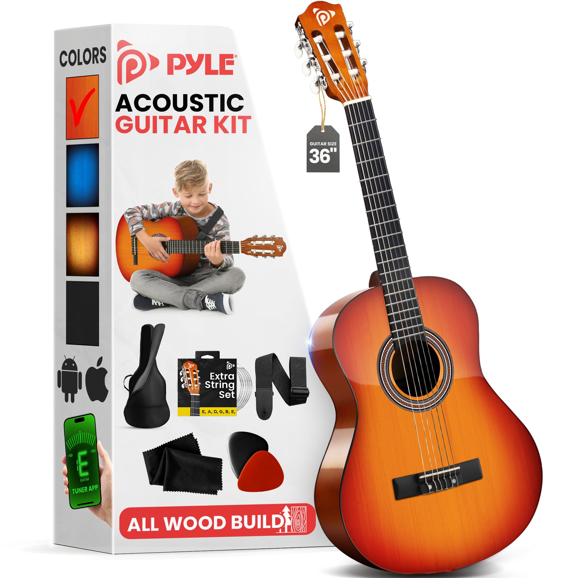 Pyle Beginner Acoustic Guitar Kit, 3/4 Junior Size All Wood Instrument For Kids, Adults, 36'' Cherry Sunburst