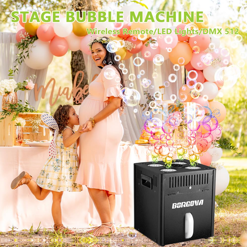 BORGOVA Stage Bubble Machine with Lights, DMX Control, Wireless Remote - Perfect for Weddings, Commercial Performances, Kids Par