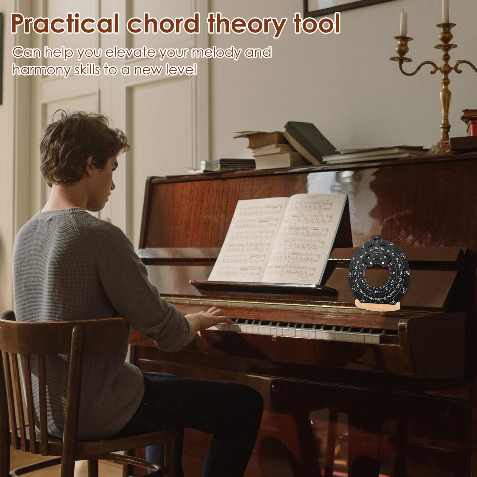 VMBQRTI Circle of Fifths Wheel Metal with Wooden Stand, Complete with Guitar Chord Chart and Music Theory Book for Musical Instr