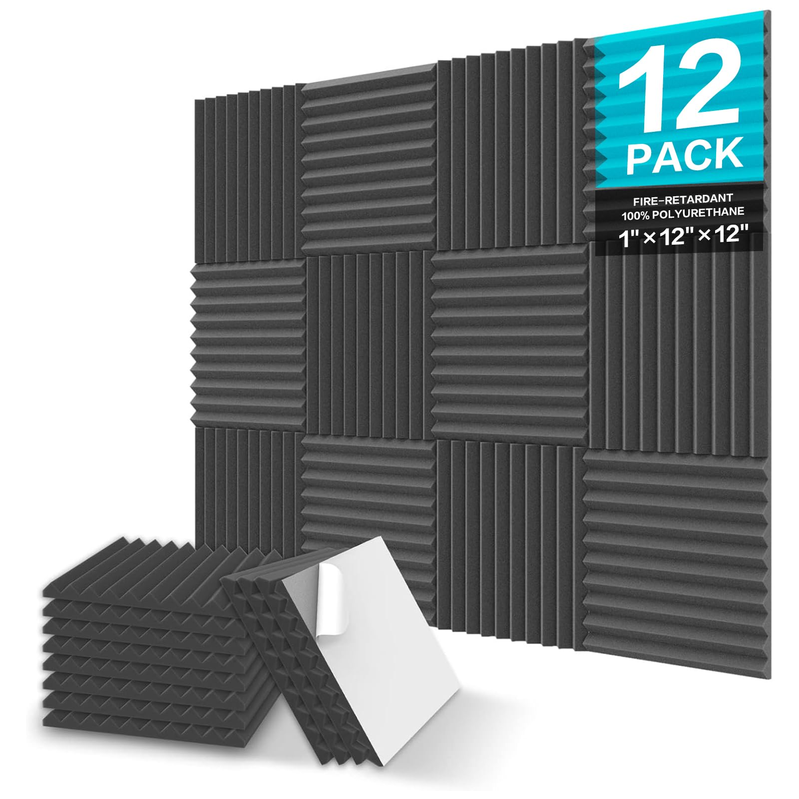 Jber 12 Pack Sound Proof Foam Panels, 1'' X 12'' X 12'' Self-Adhesive Acoustic Foam Panels, Acoustic Panels Wedges High Density,