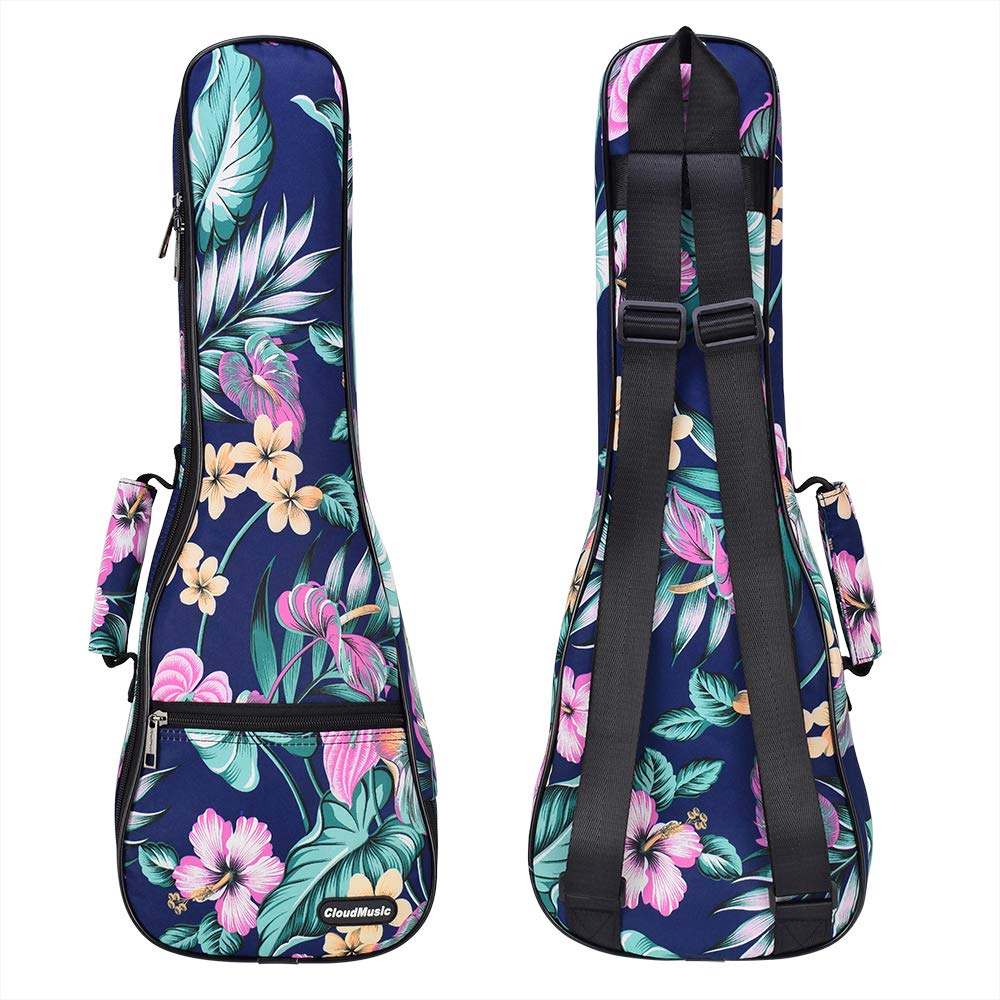 CLOUDMUSIC Ukulele Case Gig Bag Padded Backpack For Concert 23 Inch(Concert,Hawaii Hibiscus In Dark Blue)