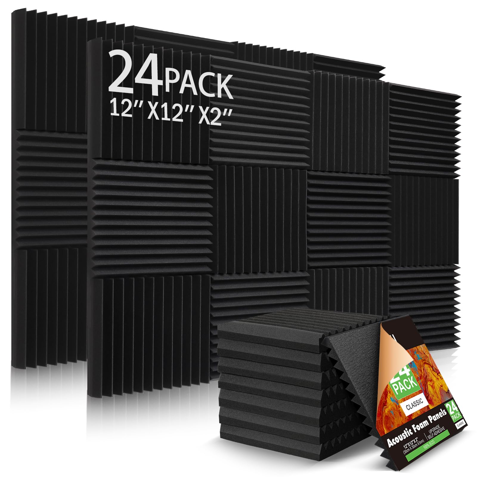 24 Pack Acoustic Panels Self-Adhesive, 2'' X 12'' X 12'' Sound Proof Foam Panels, Quick-Recovery Acoustic Foam Wedges,High Densi