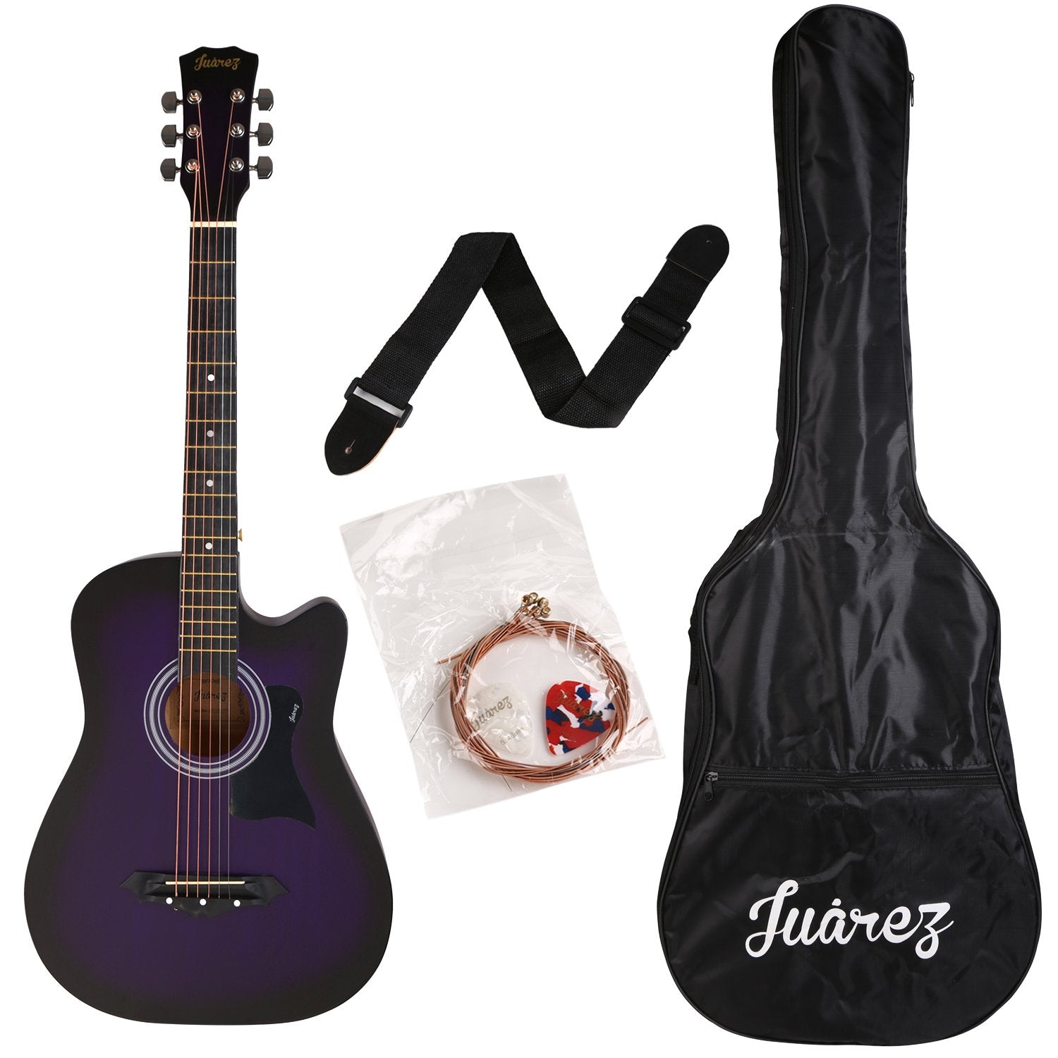 Jurez Jrz38C/Vts 6 Strings Acoustic Guitar 38 Inch Cutaway, Right Handed, Violet/Purple With Bag, Strings, Picks And Strap