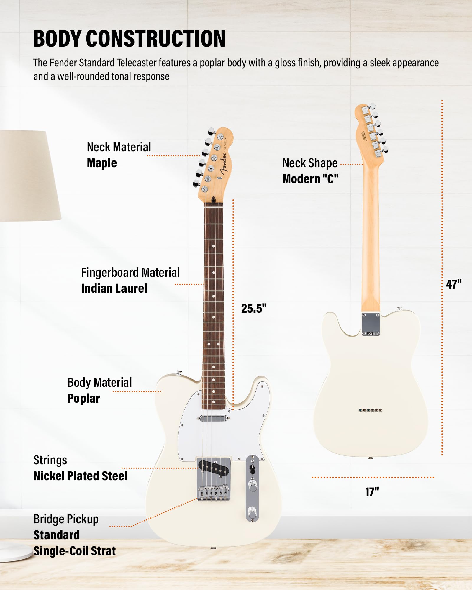 Fender Standard Telecaster - Olympic White Bundle with Strap, Guitar Cleaning Kit, and Austin Bazaar Instructional Video