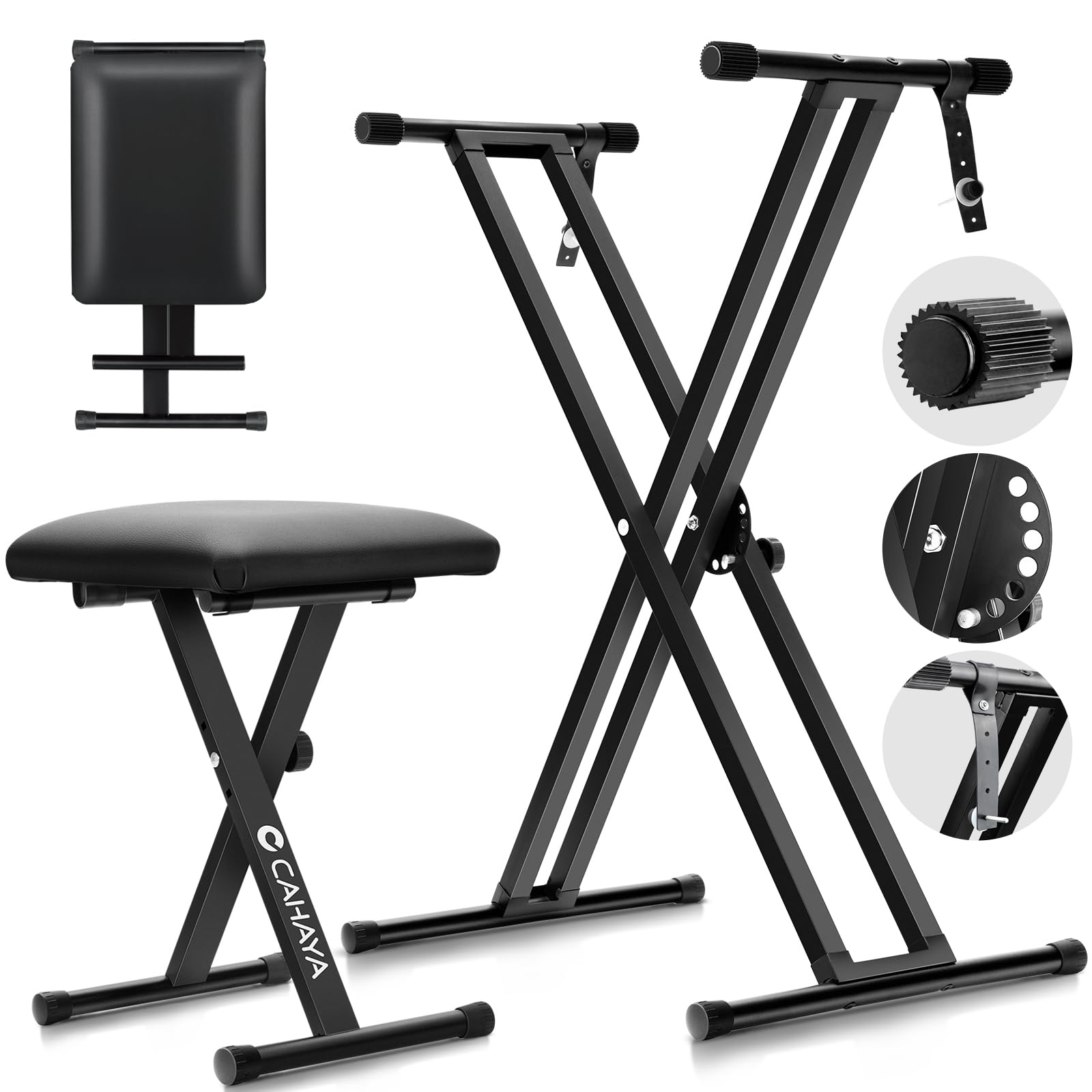 CAHAYA Keyboard Stand and Bench Set: 13~39 Inch Wide Adjustable Height Heavy Duty Portable Piano Stand and Bench with Locking St
