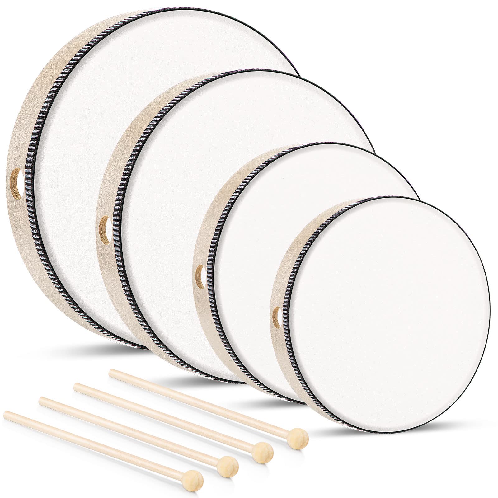 4 Pcs Kids Hand Drum Adults Wood Frame Drum Set with Stick 12 &10 & 8 & 6 Inch Percussion Musical Instruments for School Kids Ad