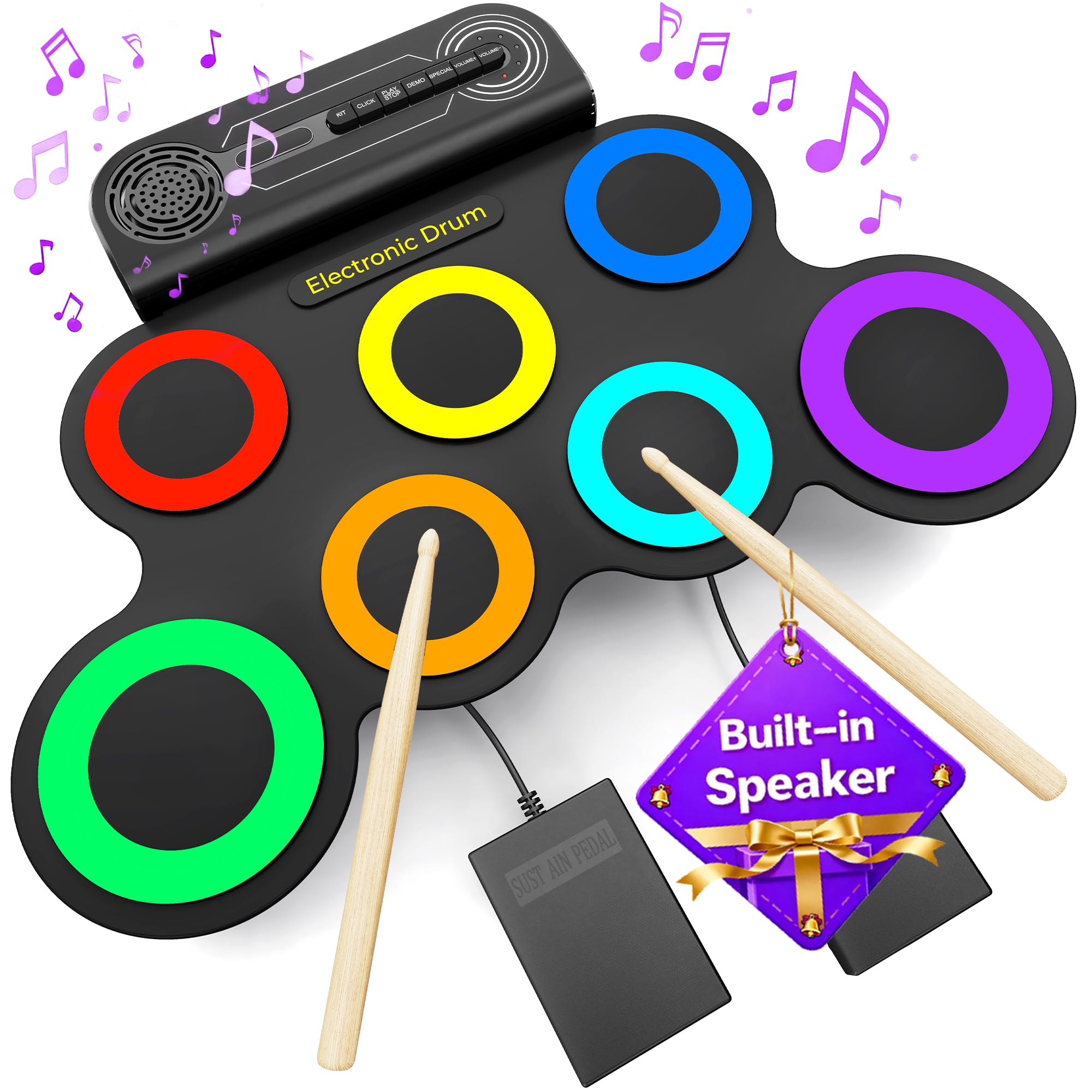 Electric Drum Set with Dual Speaker, Kids Drum Pad and Sticks Kit Supports REC, Portable Roll Up Drums Practice Pad for Kids, Gr