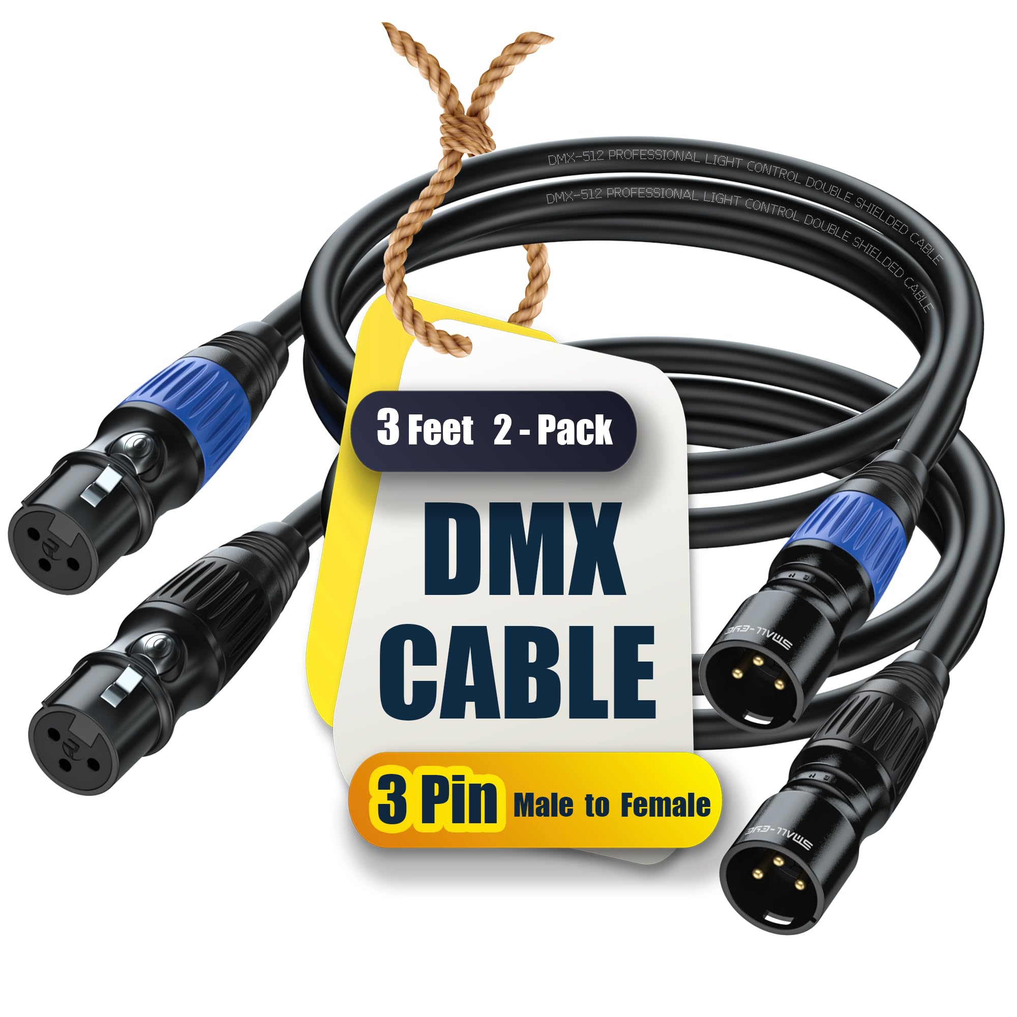 Small-Eye Dmx Cables 3 Ft 2 Pack - Premium 3 Pin Male To 3 Pin Female - Dmx Cable For Stage Lightingf, Multi-Color Coded