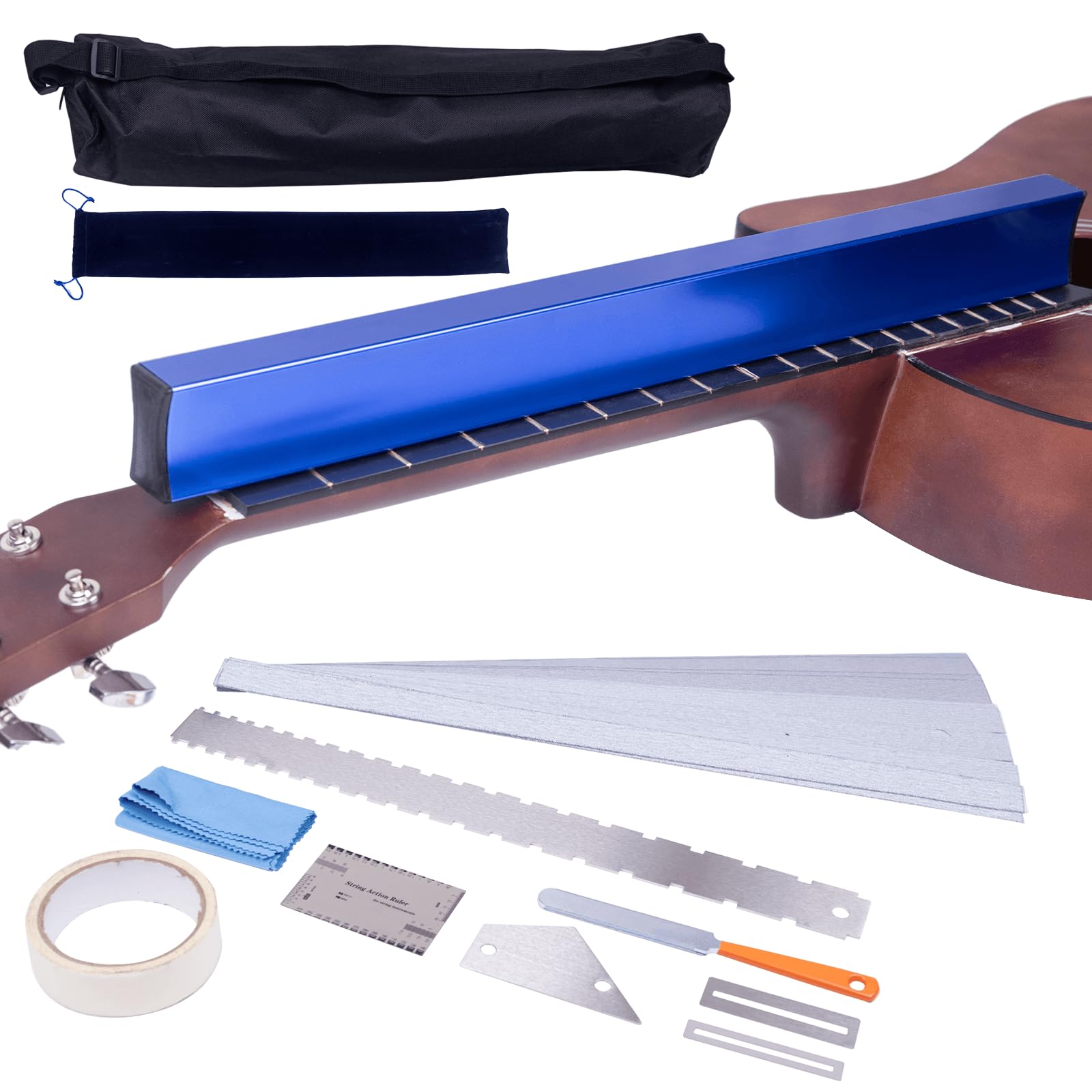 Complete Fret Leveling Kit with 18 Beam, Notched Ruler, Sandpaper (120-1000 Grit), Fret Rocker, Crowning File & Guitar Setup Too