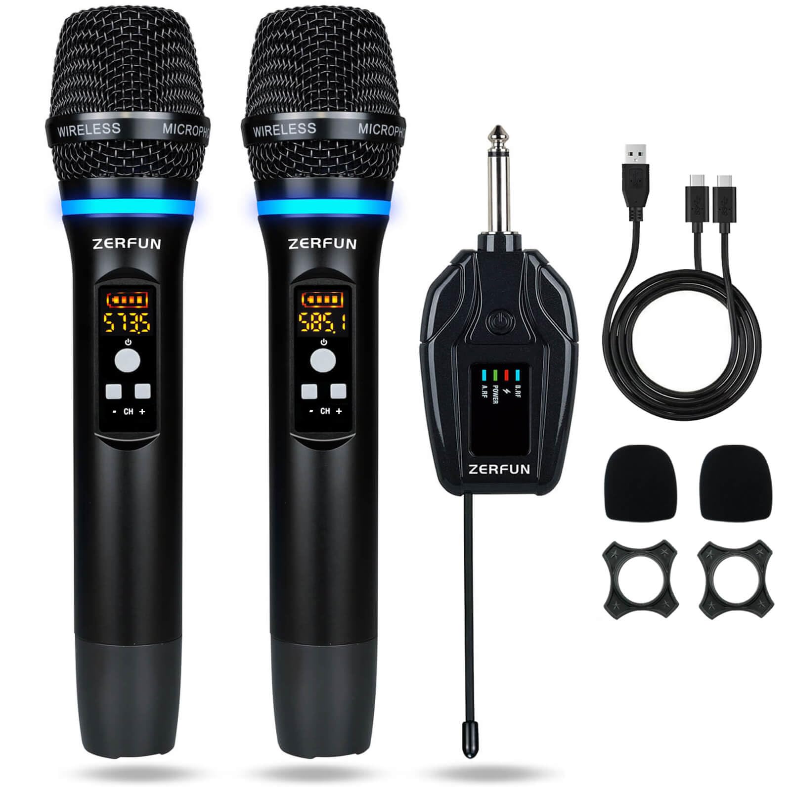 Zerfun Dual Wireless Microphones Rechargeable, Uhf Metal Wireless Mic System Cordless Microphone Professional With Channel Contr