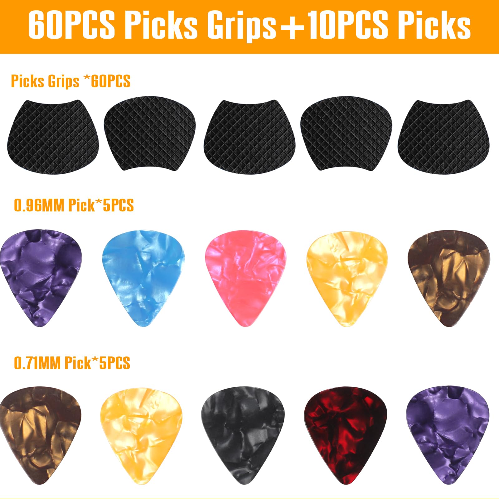 60pcs Guitar Picks Grips, Anti slip Silicone Soft Grips with 10 Guitar Picks, Two Different Thicknesses Guitar Picks, Self-Adhes