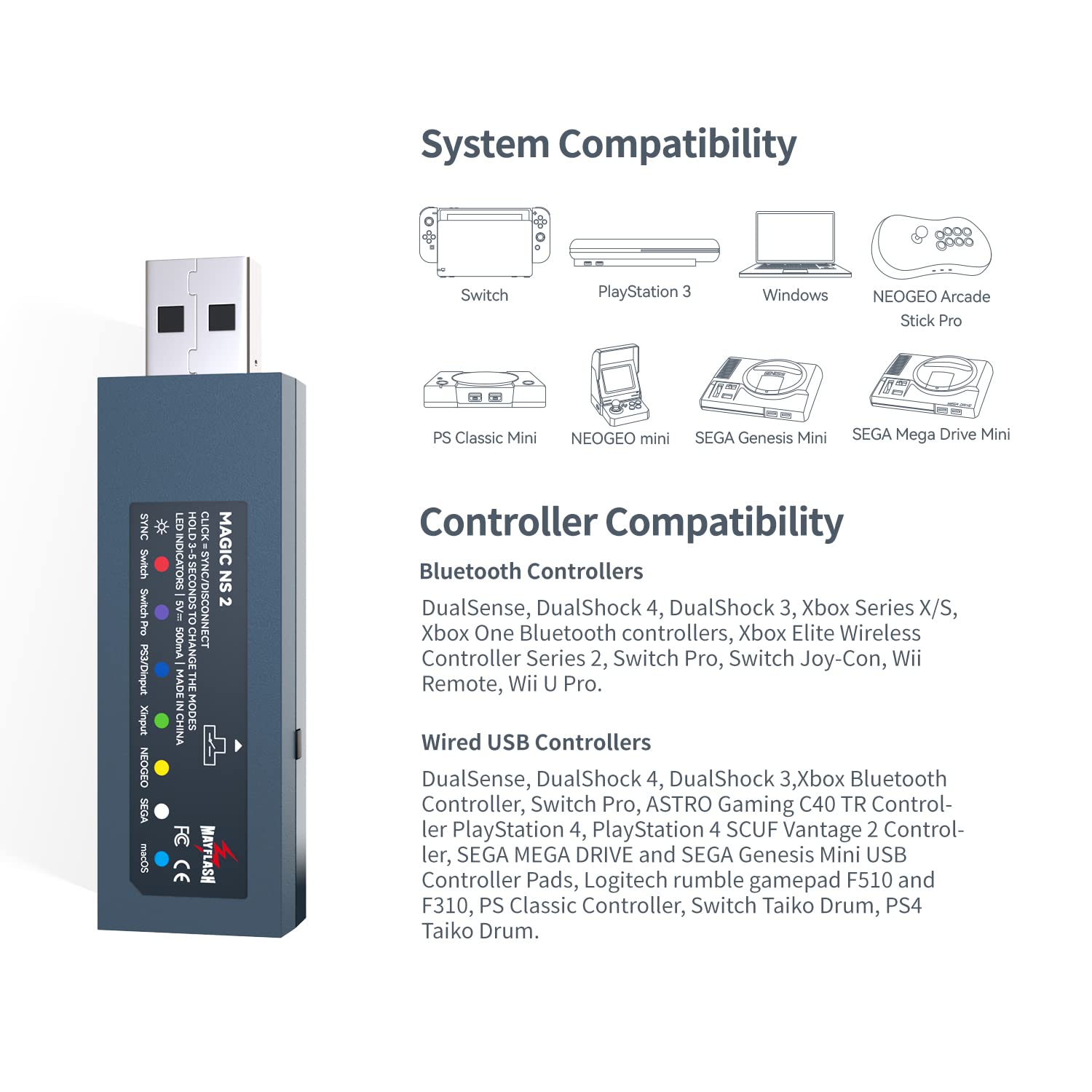 MAYFLASH Magic NS 2 Wireless Bluetooth USB Adapter for Switch/Switch OLED, Steam Deck, Windows, Raspberry Pi, Compatible with Xb