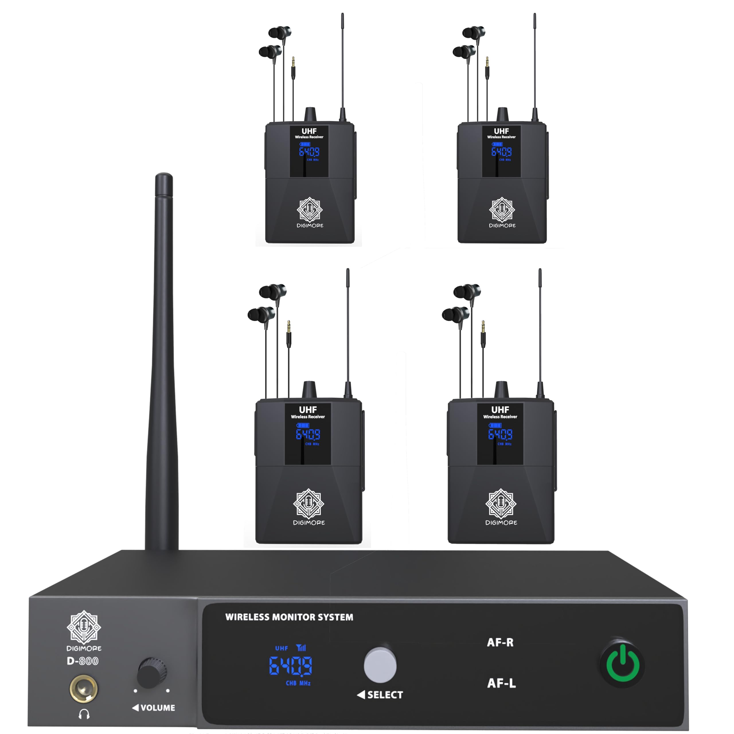 Digimore Uhf Wireless In-Ear Monitor System W 4 Receivers & Earphones | 300 Ft Range | Rack Mounts | Iem With No Noise & Crisp M