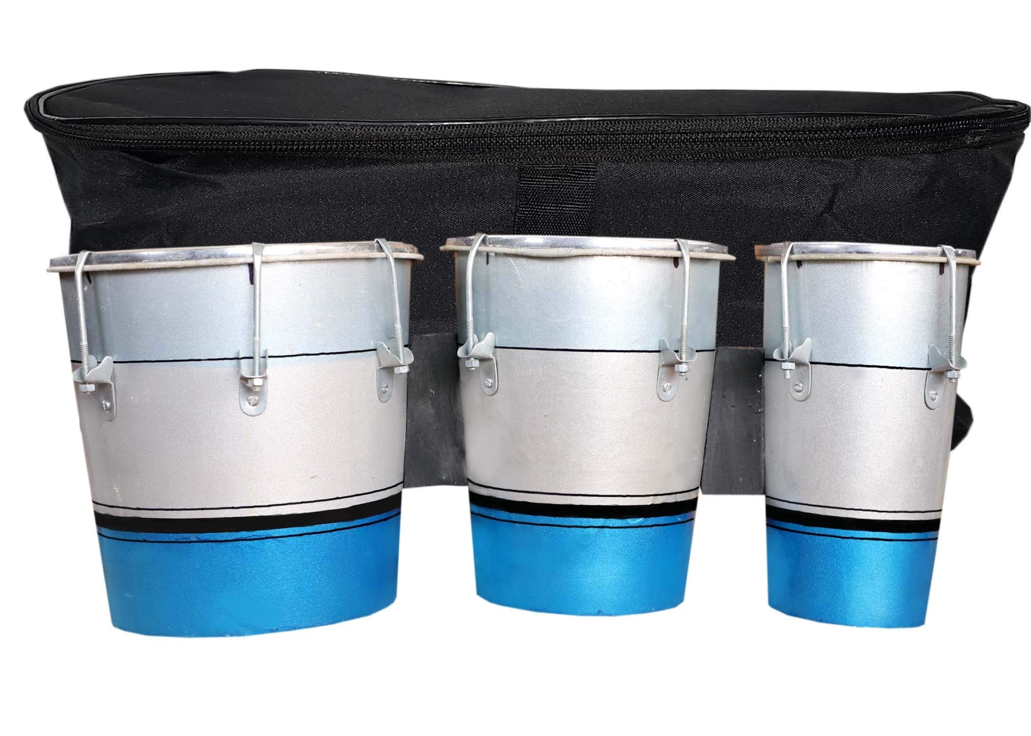 Gt Manufacturers Professional Three Piece Hand Made Wooden Bongo Drum Set With Bag (Silver/Blue)