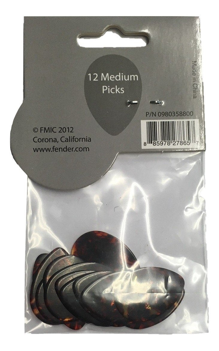 Fender Classic Celluloid Guitar Picks 358 Shape, Guitar Accessories, Tortoise Shell, Medium, 12-Pack