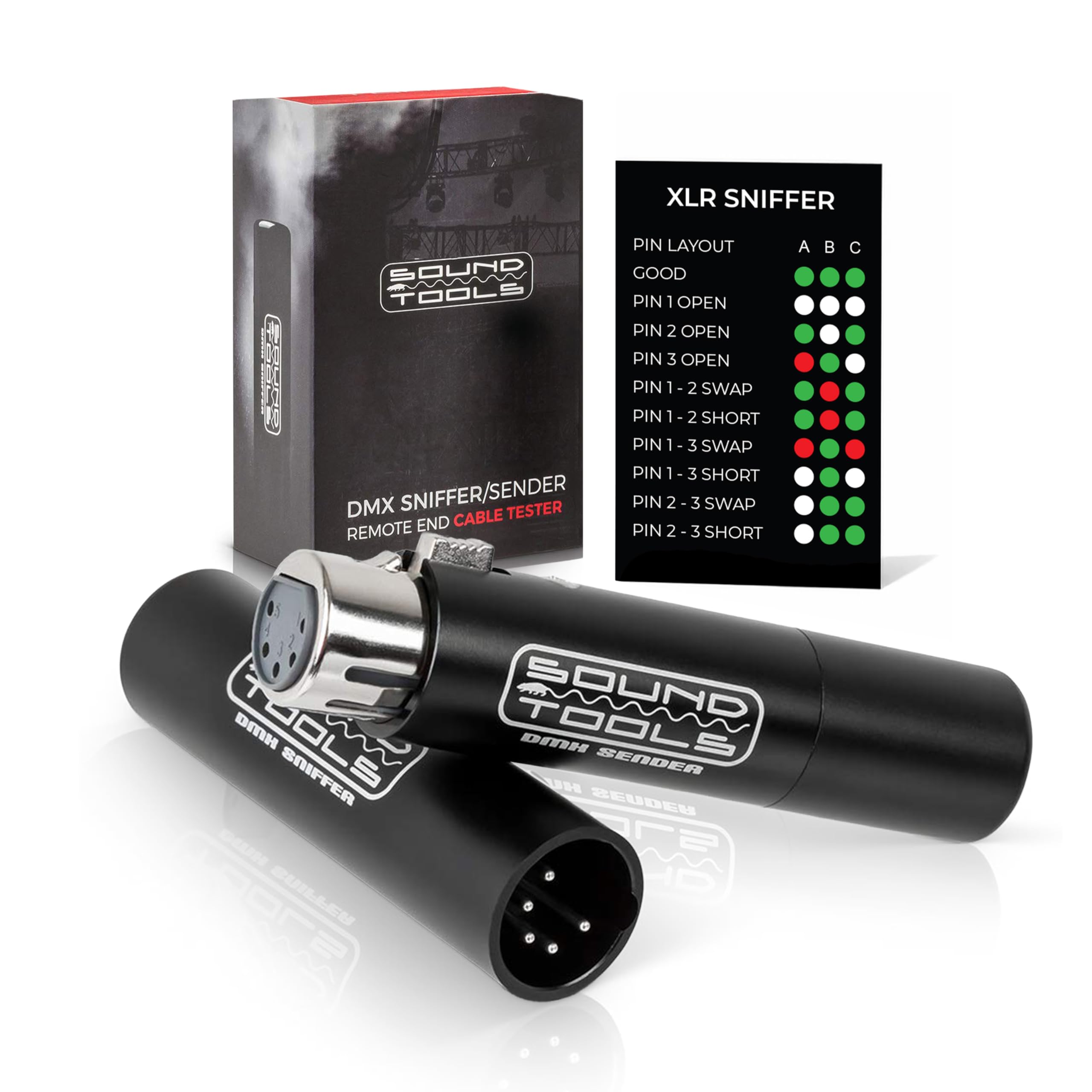 SoundTools Remote End 5 Pin DMX Sniffer/Sender Cable Tester - 5 Pin DMX Cable Tester with LED Diagnostics & Battery Powered - Co