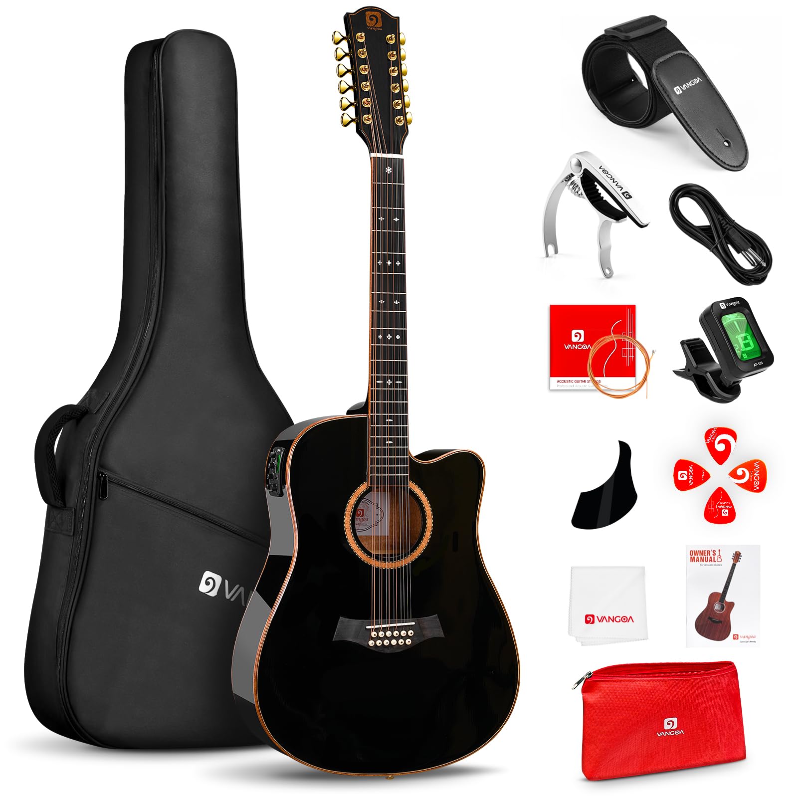 Vangoa Advanced 12 String Guitar Full Size Twelve String Guitar Acoustic Electric 4 Band Eq Electroacoustic Guitar Set For Begin