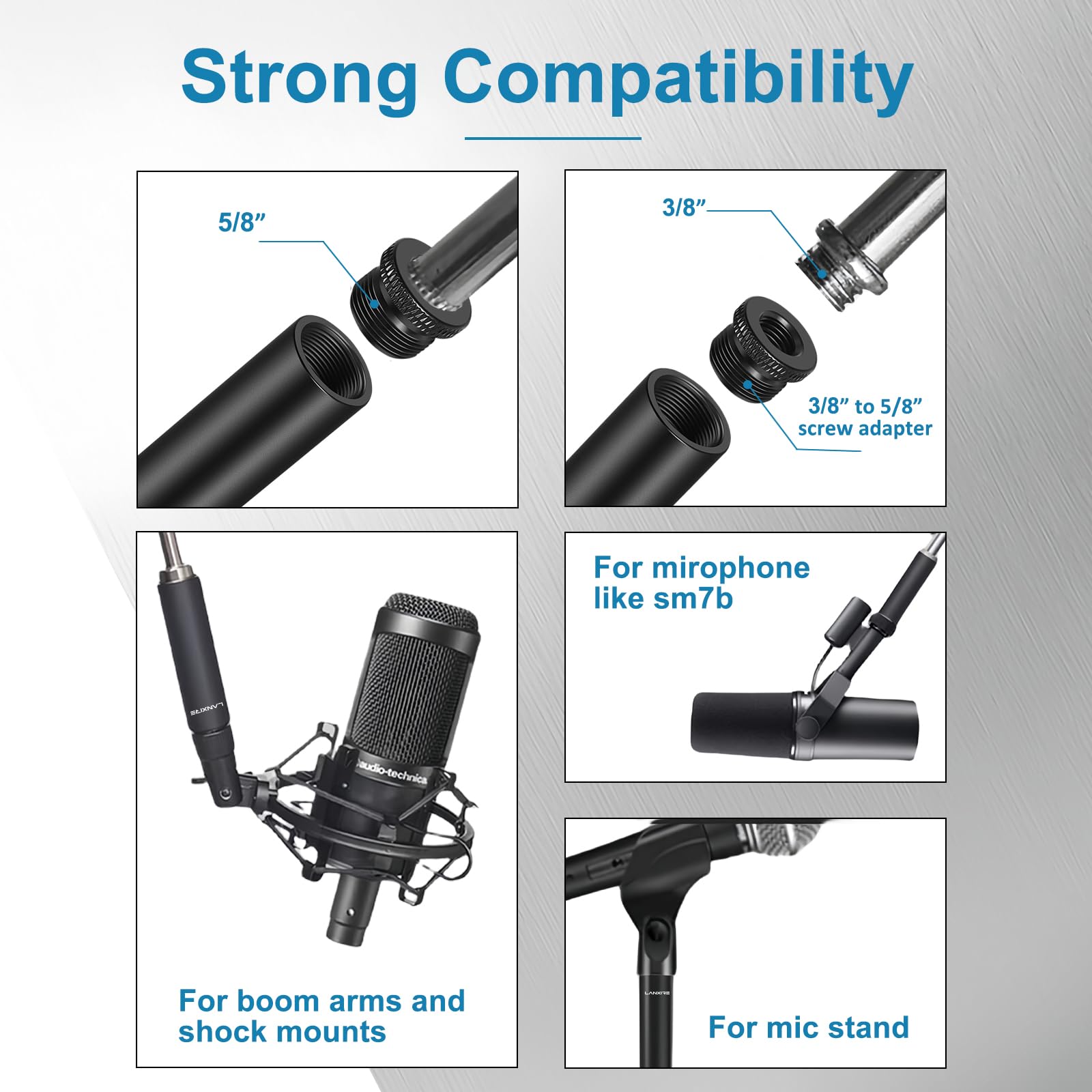 Lanxire Mic Stand Extension Tube, 4 Pcs 5/8'' Female to 5/8'' Male Microphone Extension Pipe with with 2 Pcs 3/8'' to 5/8'' Meta