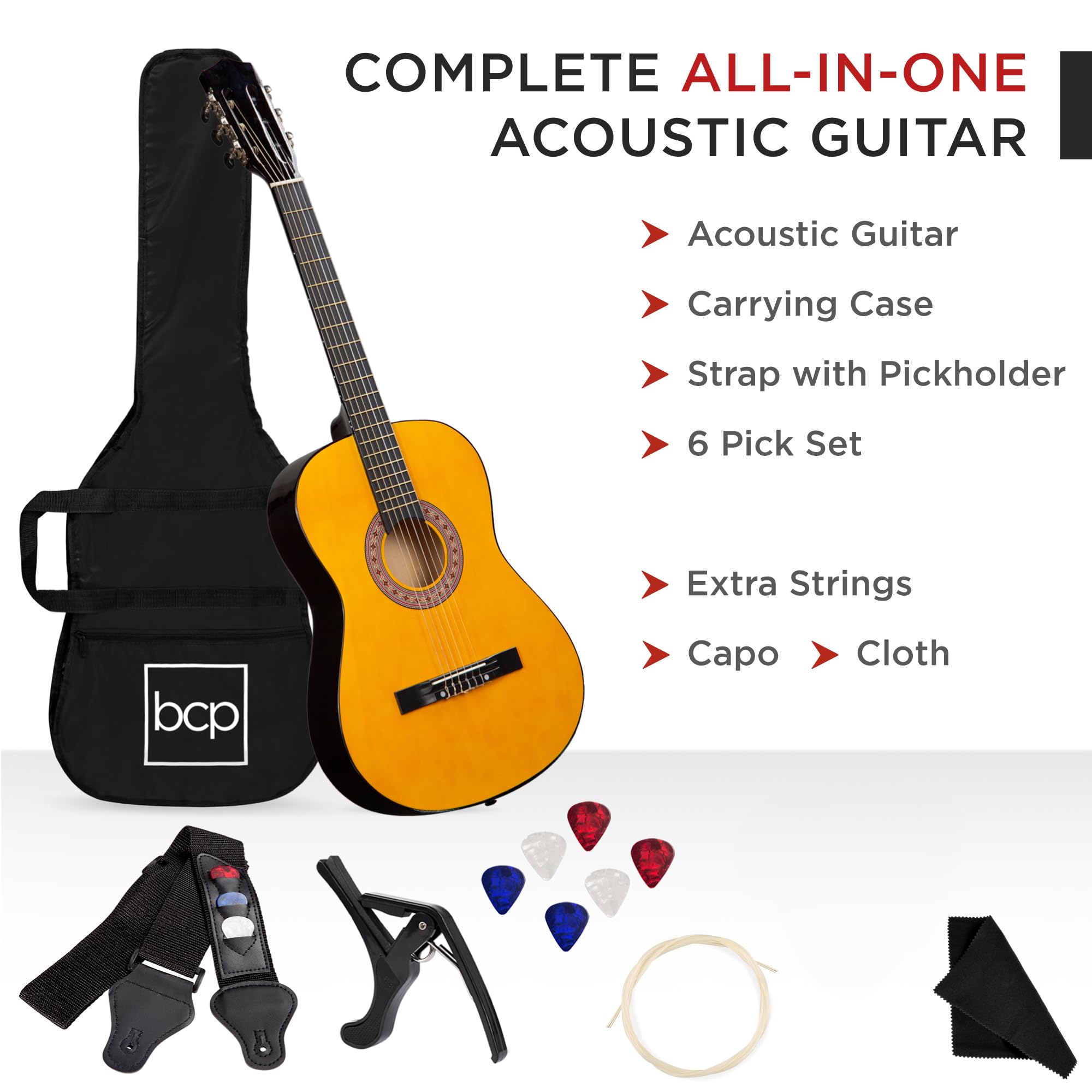 Best Choice Products 38in Beginner All Wood Acoustic Guitar Starter Kit w/Gig Bag, 6 Celluloid Picks, Nylon Strings, Capo, Cloth