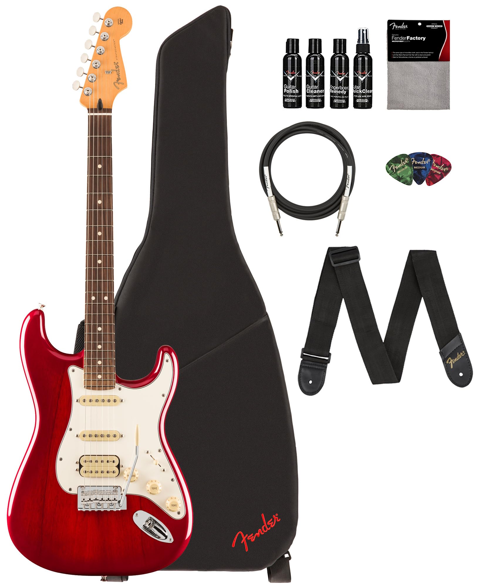 Fender Player Ii Stratocaster Hss - Transparent Cherry Burst Bundle With Gig Bag, Strap, Cable, 3-Pack Picks And Guitar Cleaning