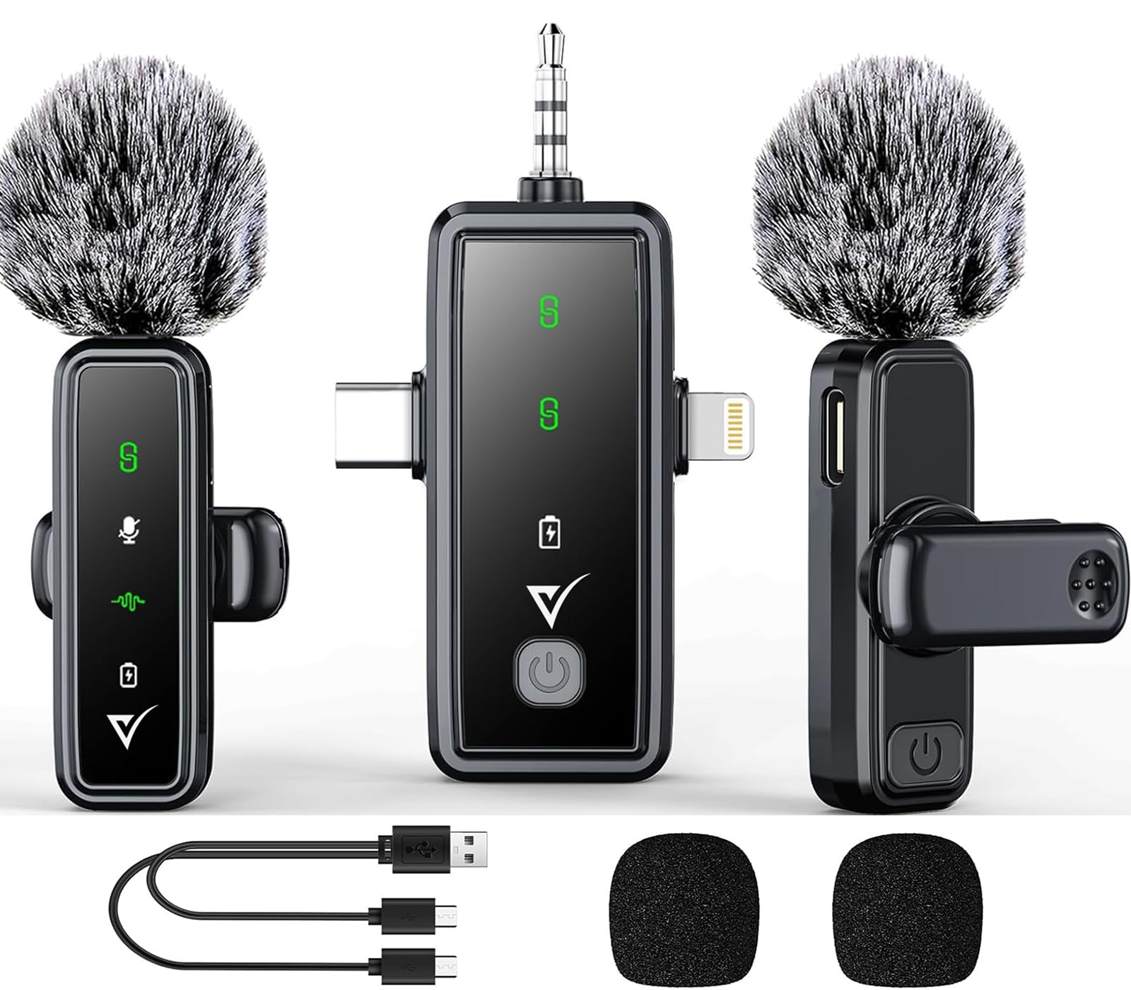 Velomax 3 In 1 Noise Cancellation Wireless Microphone For Iphone/Android Usb-C/Camera With Led Indicator Light, 164Ft Transmissi