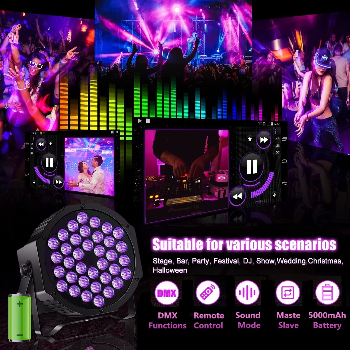 72W Rechargeable Par Lights Black Lights DJ Stage Light 36 LED with Sound Activated 7CH DMX Remote Control DJ Uplighting for Wed