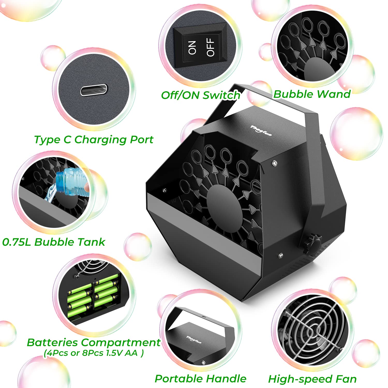 Theefun Batteries Bubble Machine: 750ML Metal Bubble Blower Type-C Operated with 1000+ Bubbles Per Minute, Professional Automati