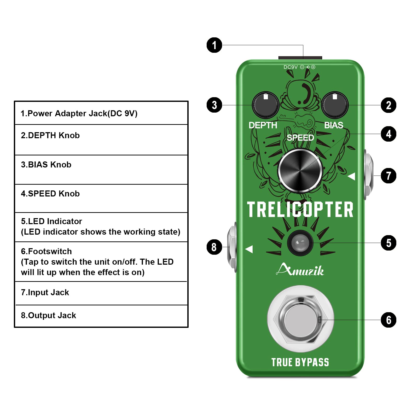 Amuzik Tremolo Guitar Effect Pedal Classic Trelicopter Effects Pedals Analog Tremolo Pedal for Electric Guitar True Bypass Mini