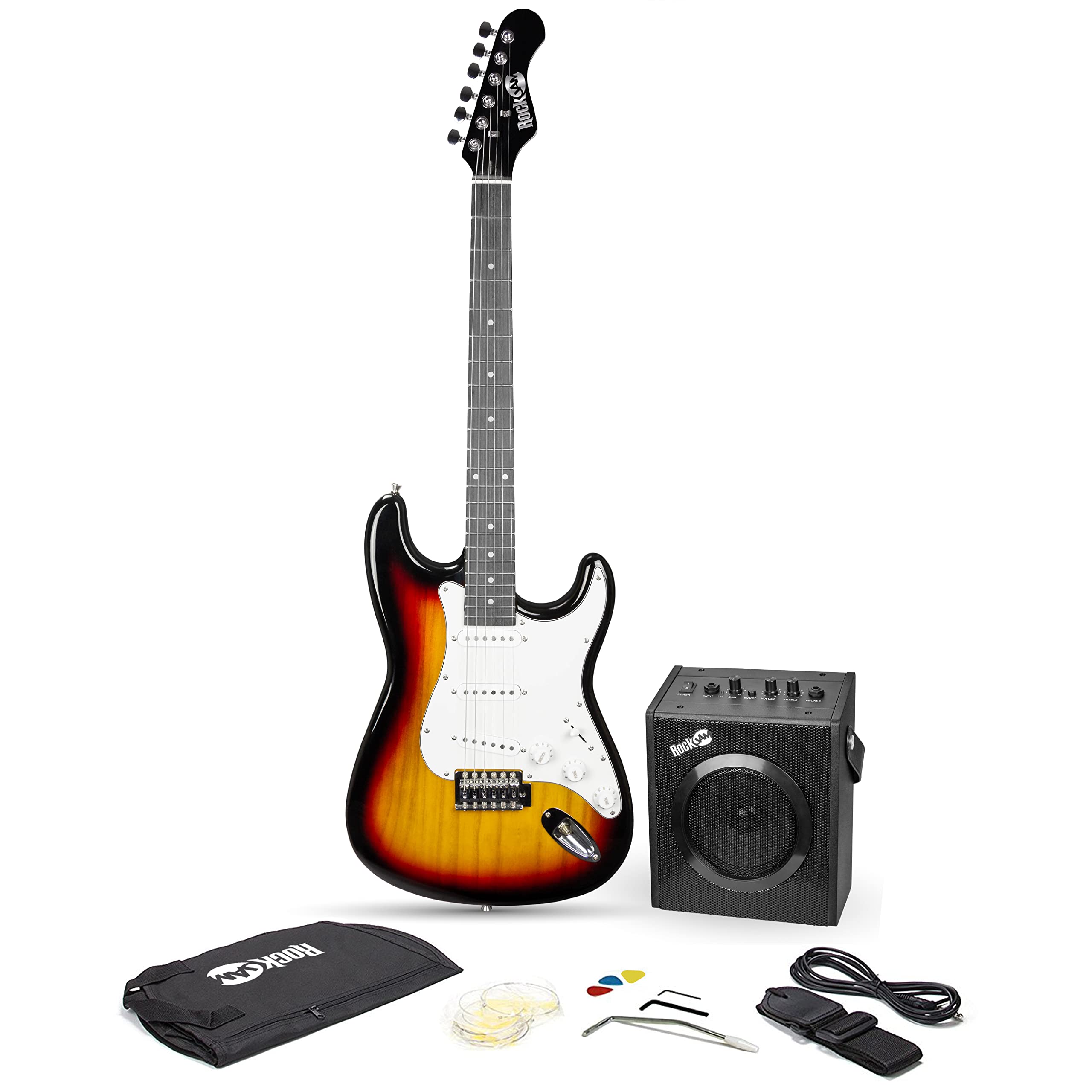 Rockjam 6 String Electric Guitar Kit, Right, Sunburst & White, Full-Size (Eg1-Sb-Sk-V)