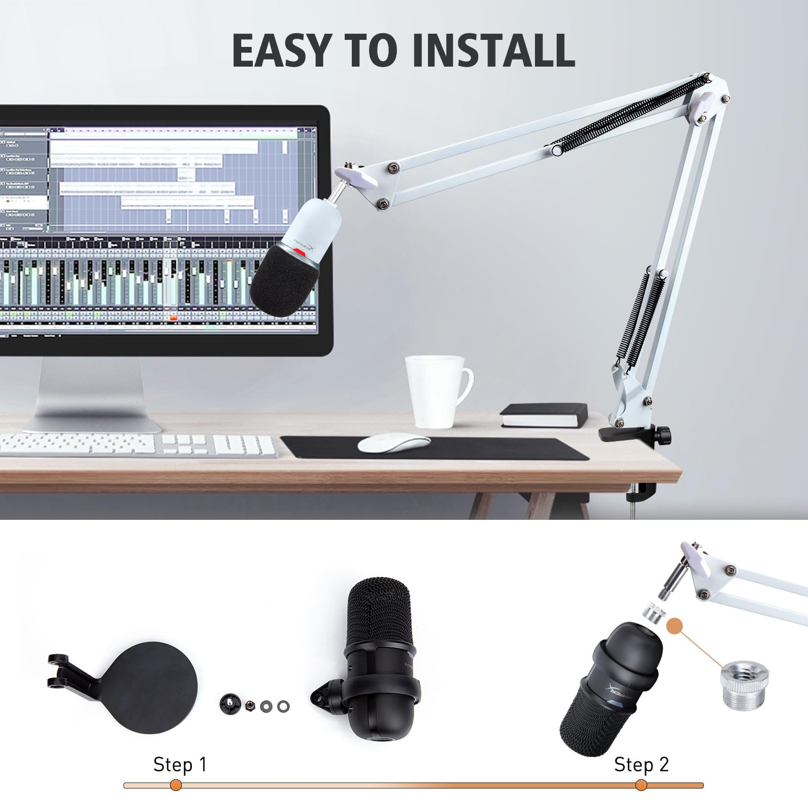 For HyperX SoloCast White Boom Arm - White Mic Arm Compatible with Hyper x SoloCast, Microphone Boom Arm with Pop Filter, Improv