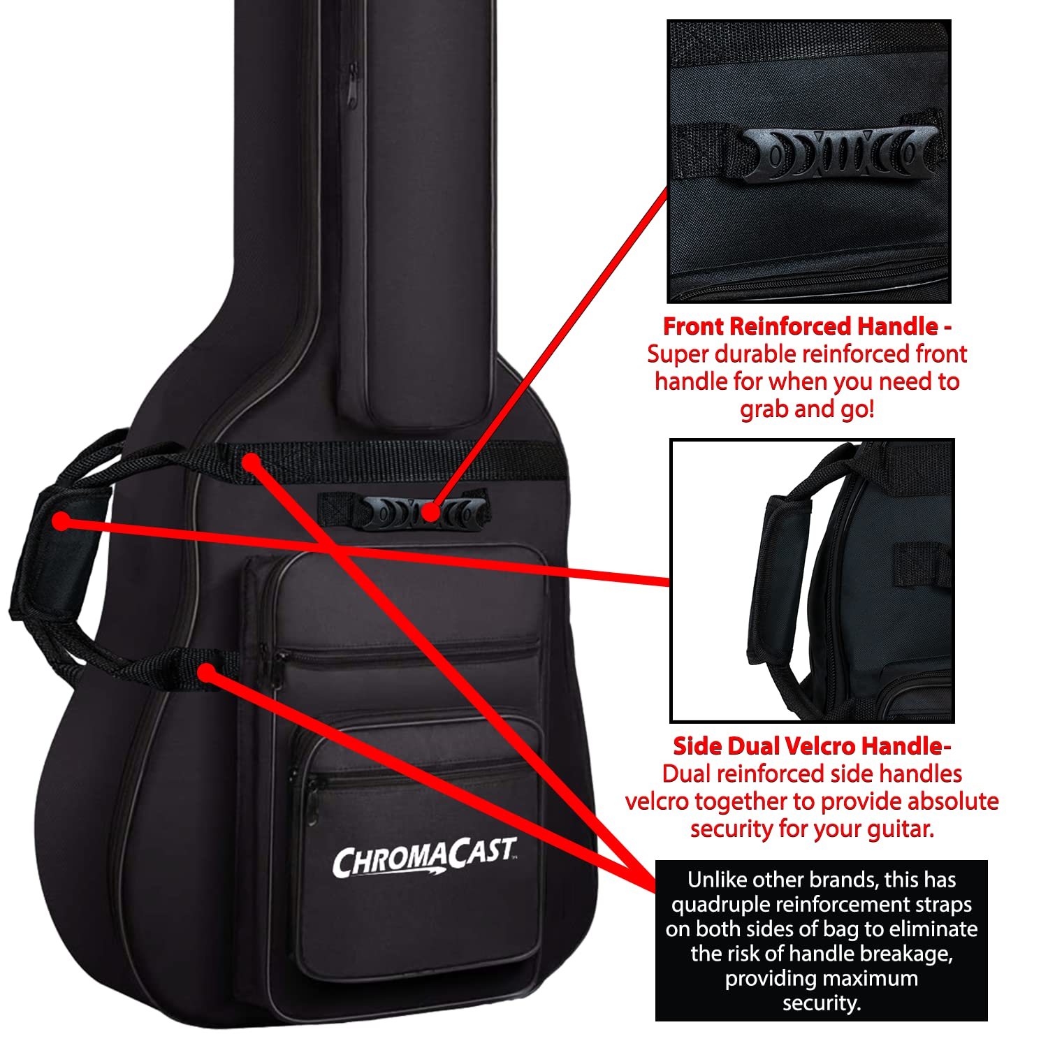 ChromaCast Acoustic Guitar 6-Pocket Padded Gig Bag with Guitar Strap and Pick Sampler