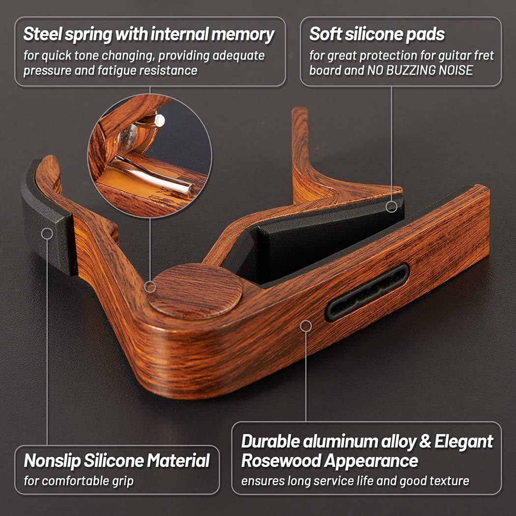 Capo,Guitar Capo,Rosewood Capo with Pick Holder and Picks for Acoustic Electric Guitar,Ukulele,Mandolin,Banjo