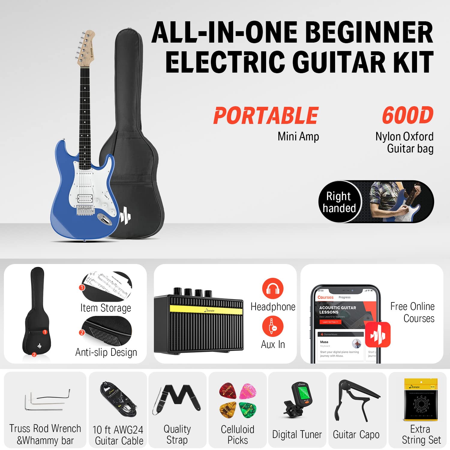 Donner DST-100T 39 Inch Electric Guitar Beginner Kit Solid Body Full Size Lake Blue HSS Pick Up for Starter, with Amplifier, Bag