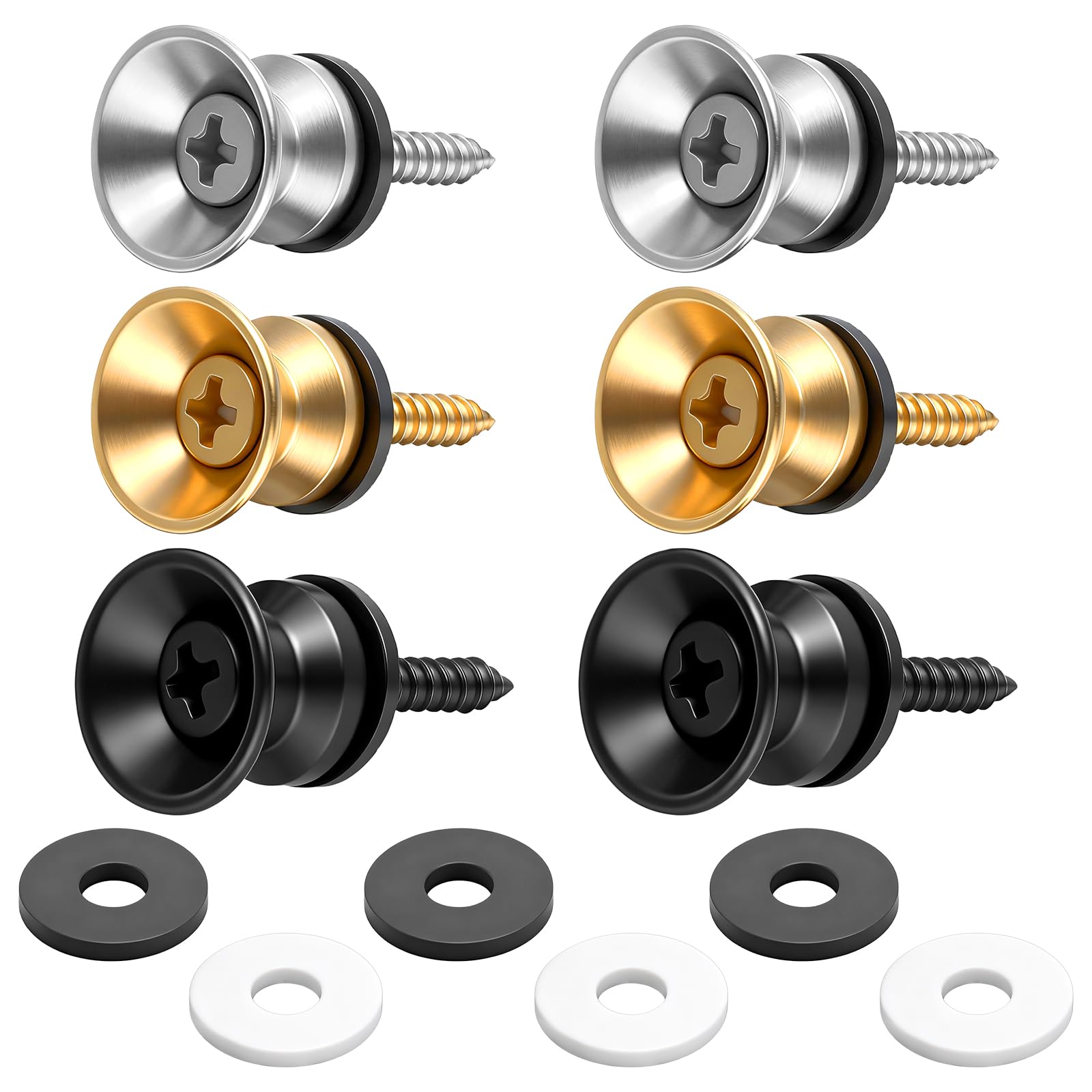 6 Pcs Guitar Strap Button Lock with Flex Lock Strap Blocks Guitar Straps Locks Pins with Mounting Screws & Rubber Gasket Metal E