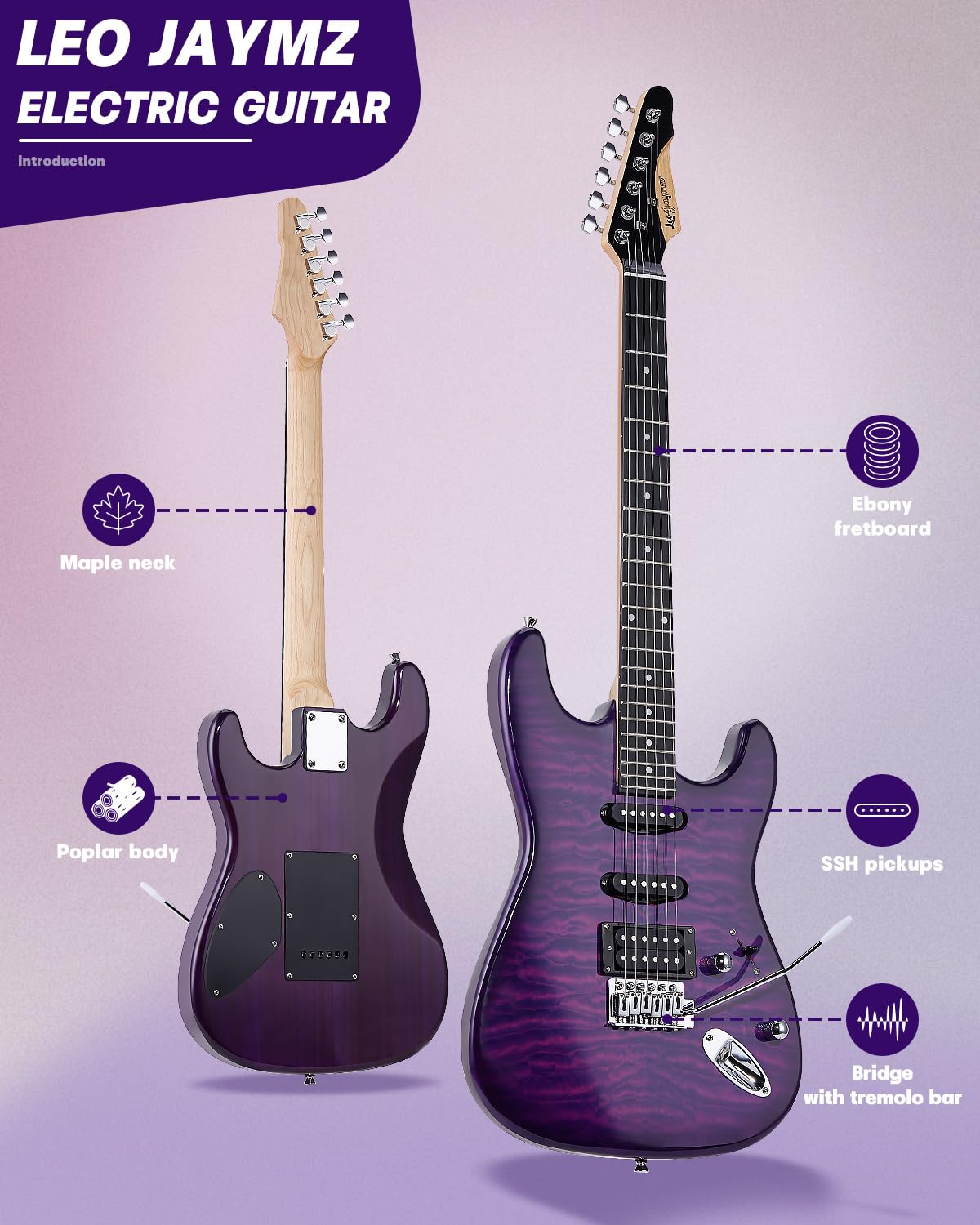 Leo Jaymz 39'' Full Size ST Style Electric Guitar Starter Kit with SSH Pickup, 5W Portable Amp, Tuner, Gig Bag, Strap & Accessor