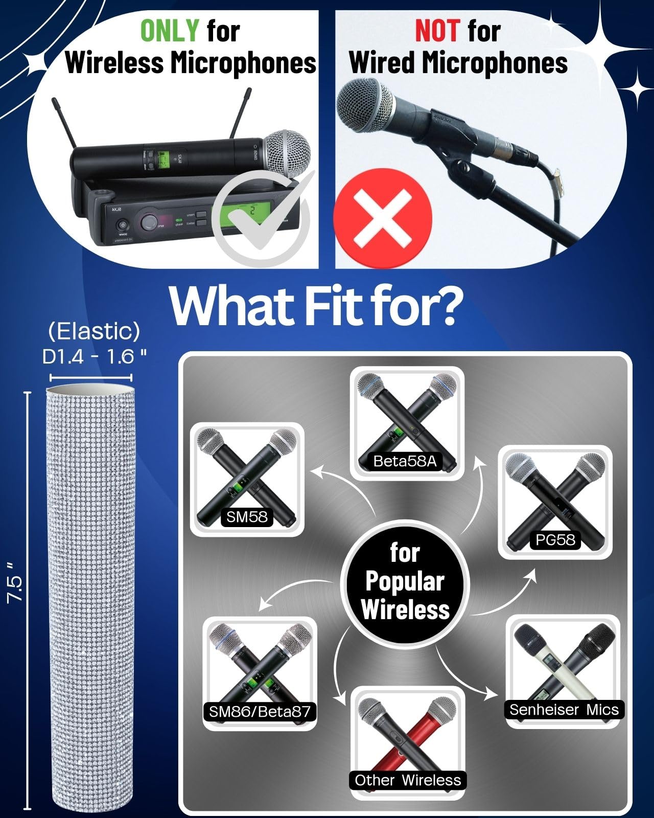 RhymKawa Silver Crystal Mic Handle Cover for Universal Wireless Microphone and SM58, BETA58, Sparkle Cordless Handheld Shining o