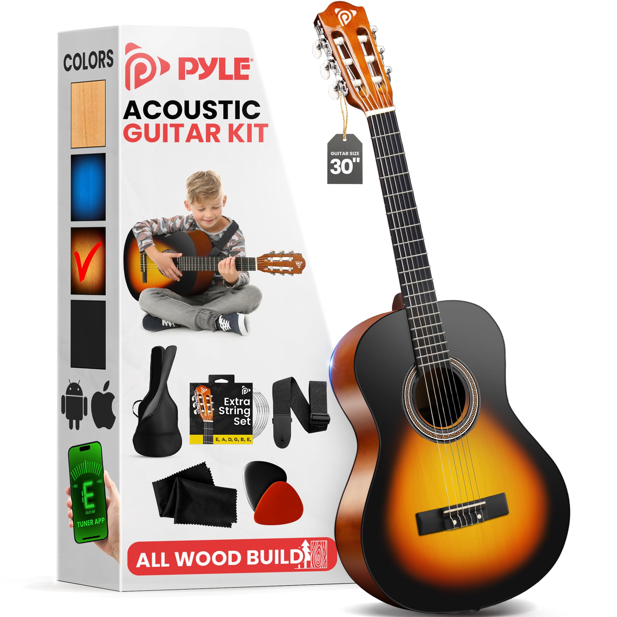 Pyle Beginner Acoustic Guitar Kit, 1/4 Junior Size All Wood Instrument For Kids, Adults, 30'' Sunburst Teardrop Matte