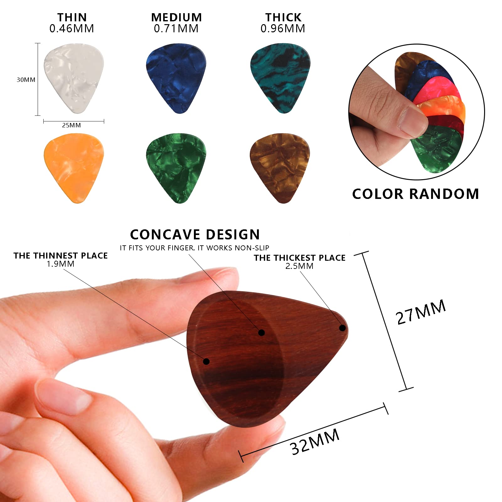 MYLYWOO Walnut Guitar Pick Holder Set with 1 Rosewood Pick and 6 Celluloid Picks in 3 Thicknesses, Mini Jewelry Box, Brown Woode