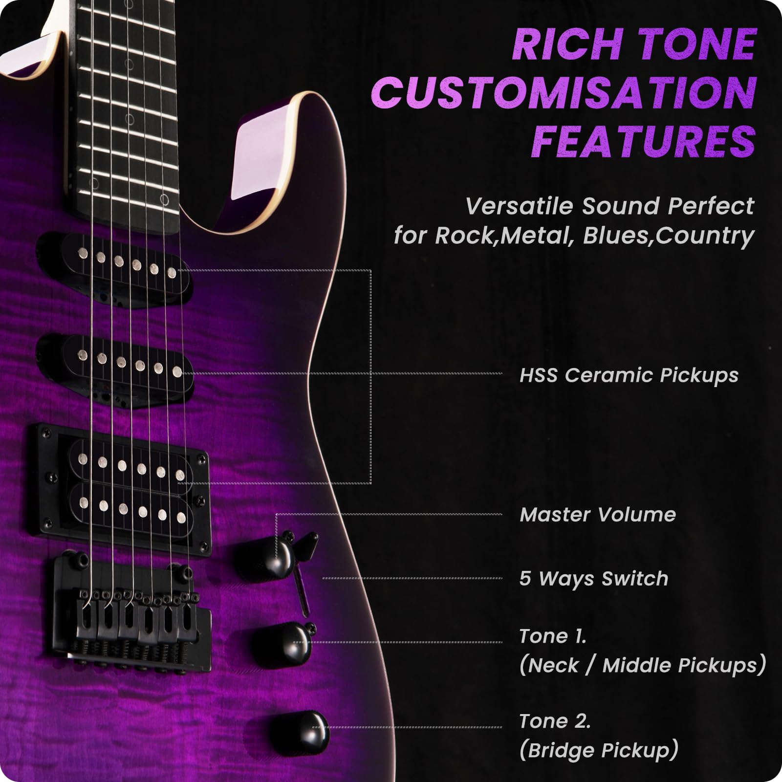 Fesley X 39'' Solid Body Electric Guitar: Electric Guitar Kit with Bone Nut, Full Size 6 String Guitars with 24 Frets, Poplar Bo