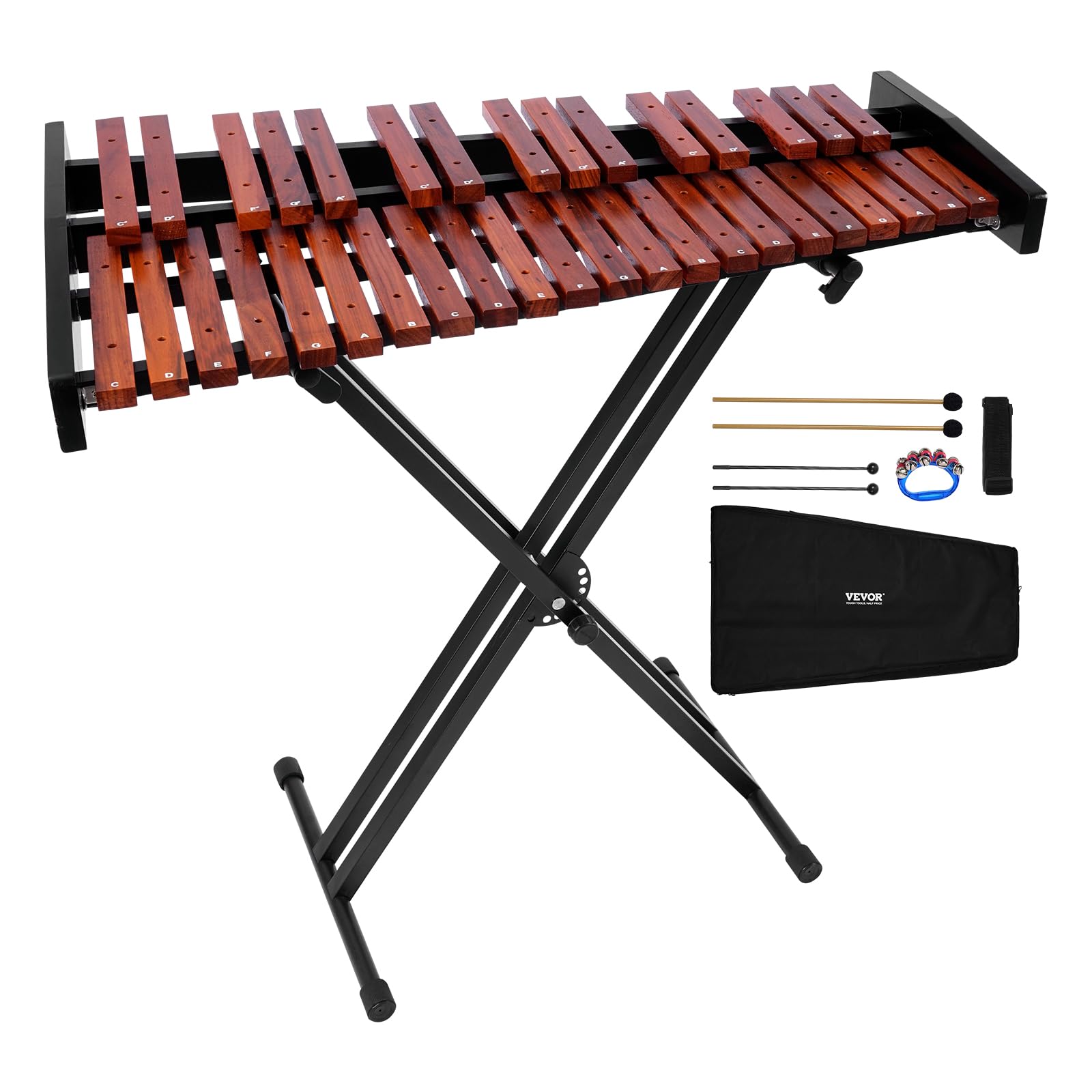 VEVOR Glockenspiel Xylophone, 37 Notes, Wooden Professional Xylophone Percussion Instrument, with Height Adjustable Stand, 4 Mal
