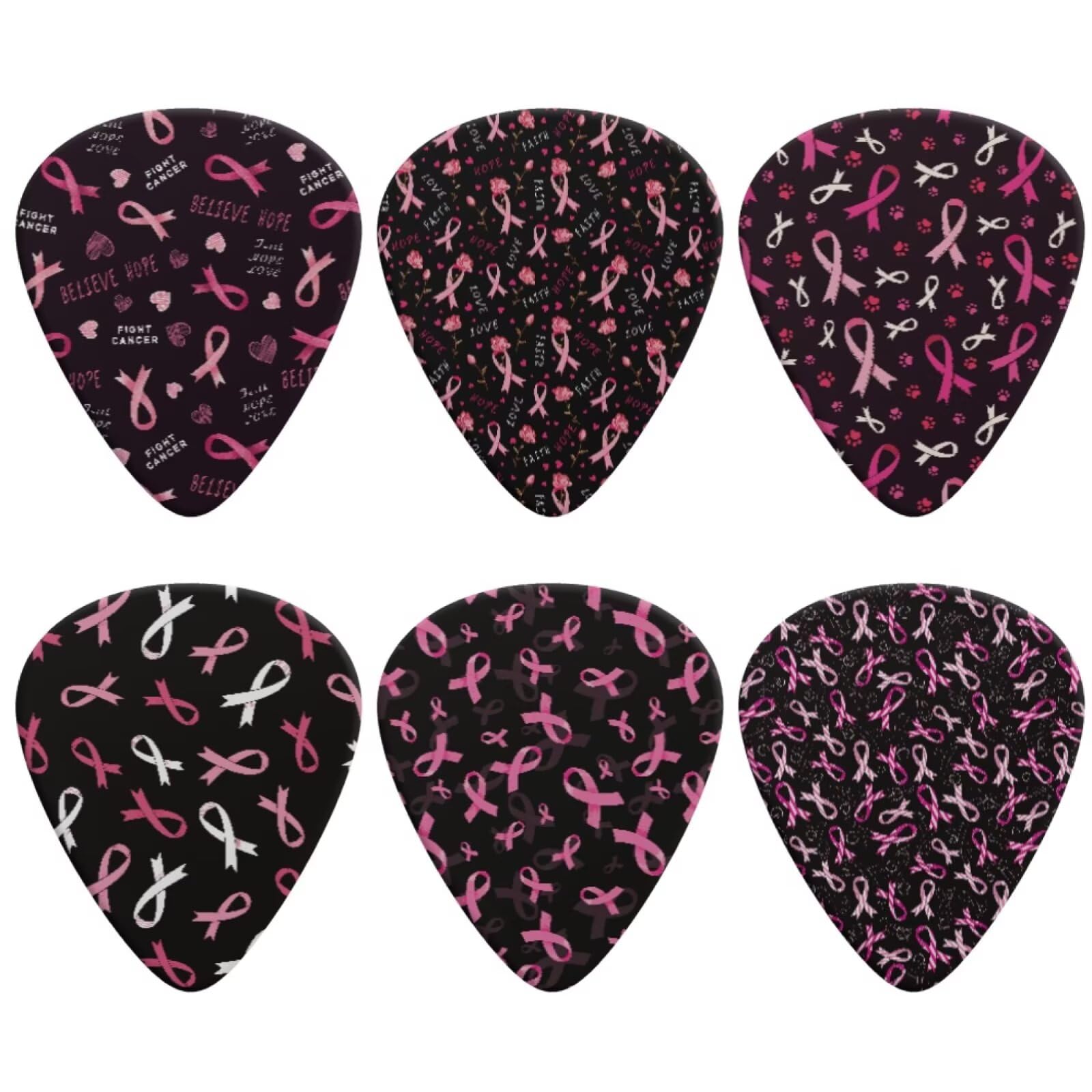 Jeiento 6 Pack Pink Ribbon Pattern Guitar Picks for Electric Guitar Bass Triangle and Thin Music Gifts for Women Men,B reast Can
