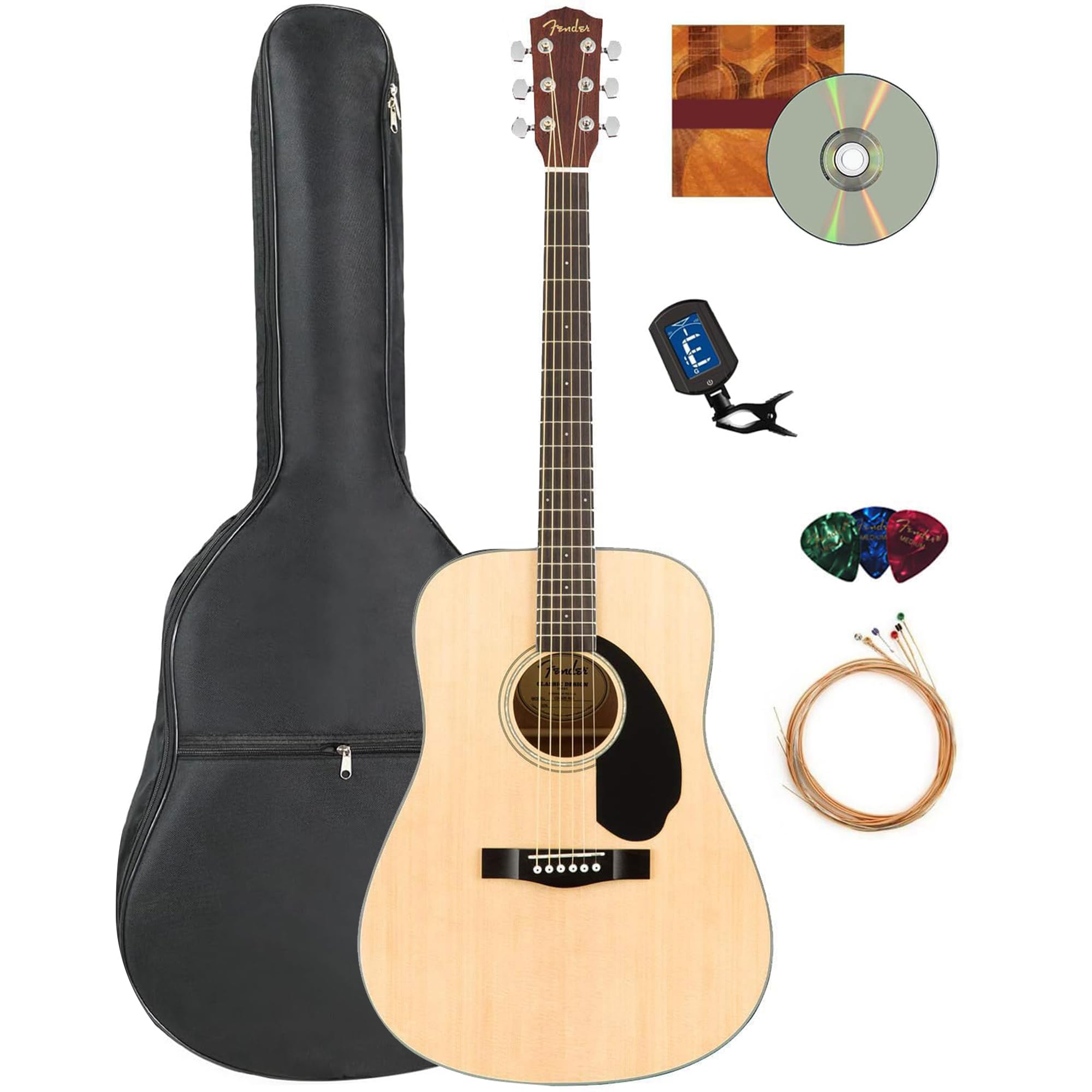 Fender Cd-60S Solid Top Dreadnought Acoustic Guitar - Natural Bundle With Gig Bag, Tuner, Strings, Picks, Fender Play Online Les