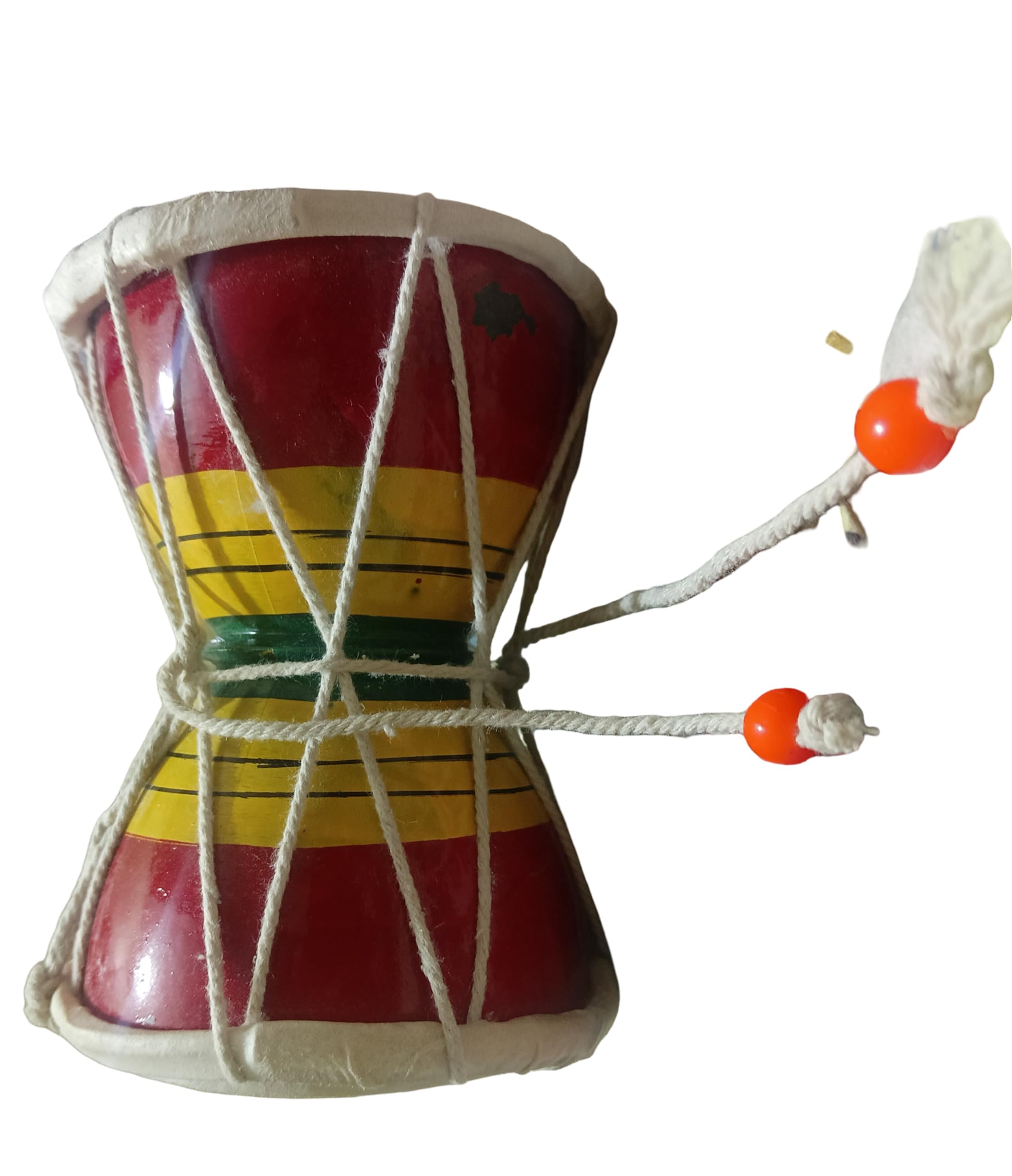 Traditional Indian Damaru Drum, Double-Sided Percussion Instrument, Red And Yellow