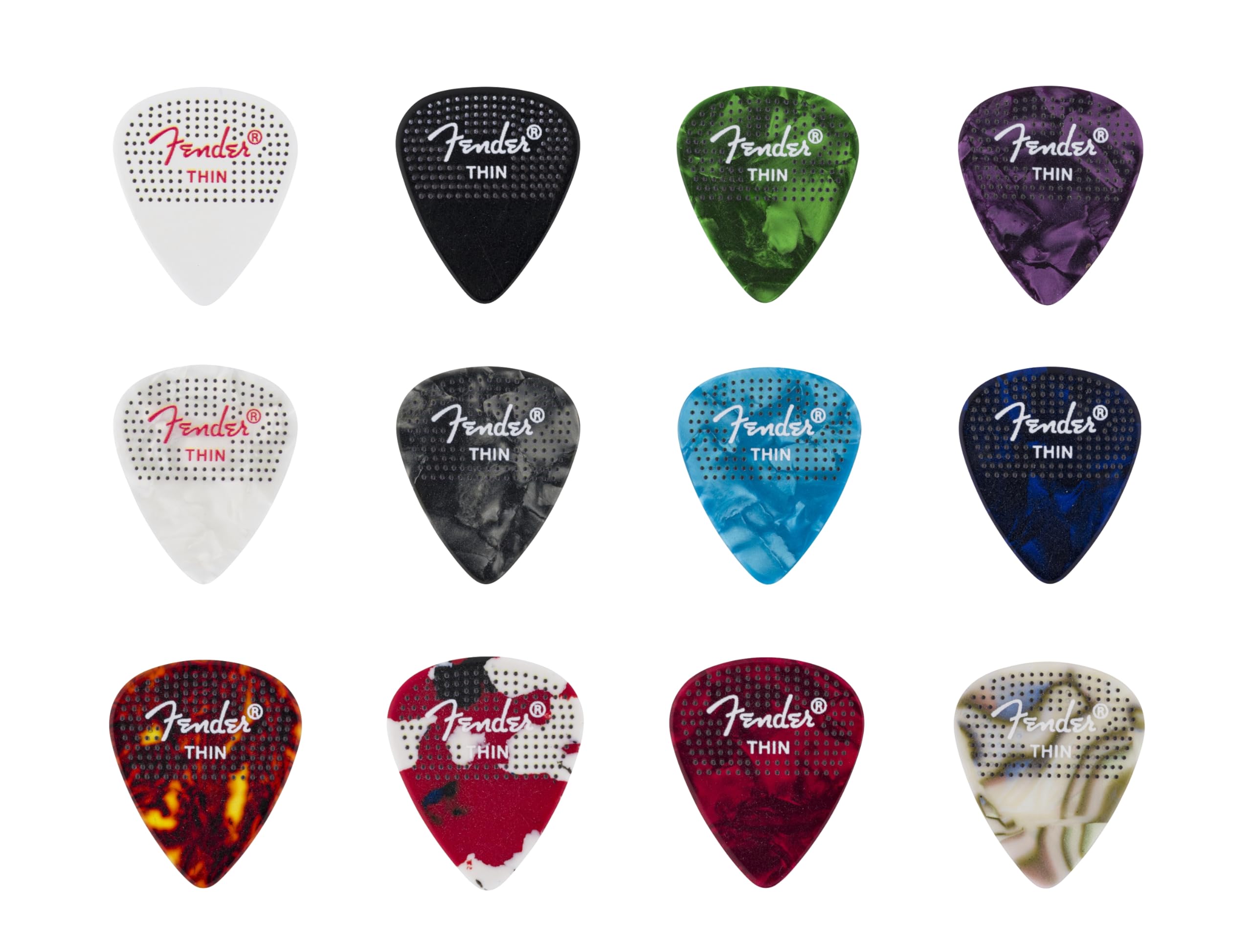 Fender Celluloid Guitar Picks, 351 Dotted Shape, Thin, 12-Pack