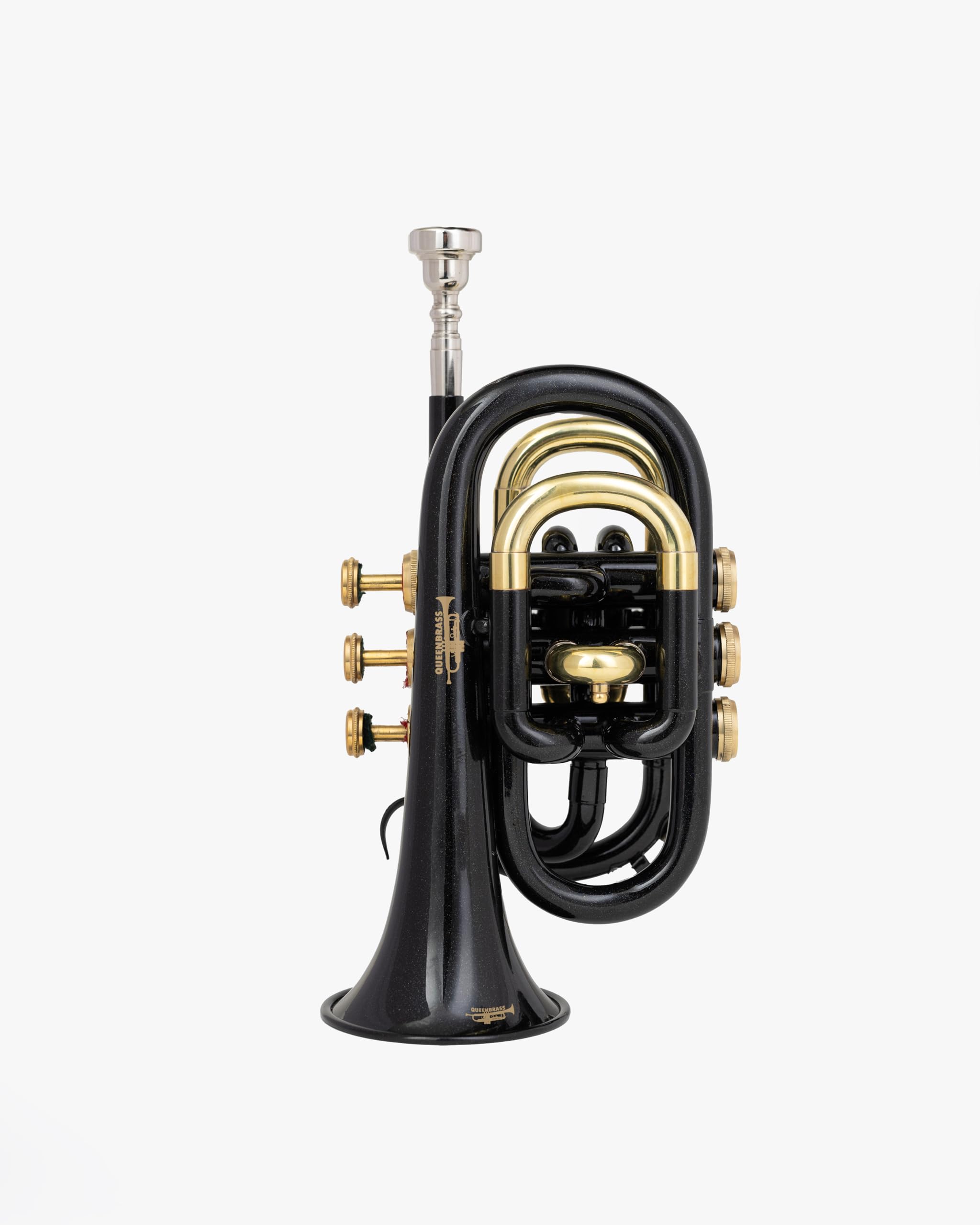 QUEENBRASS Pocket Trumpet in Bb Pitch - Black Lacquer Finish with Gold & Red Accents | Compact Brass Instrument with Mouthpiece 