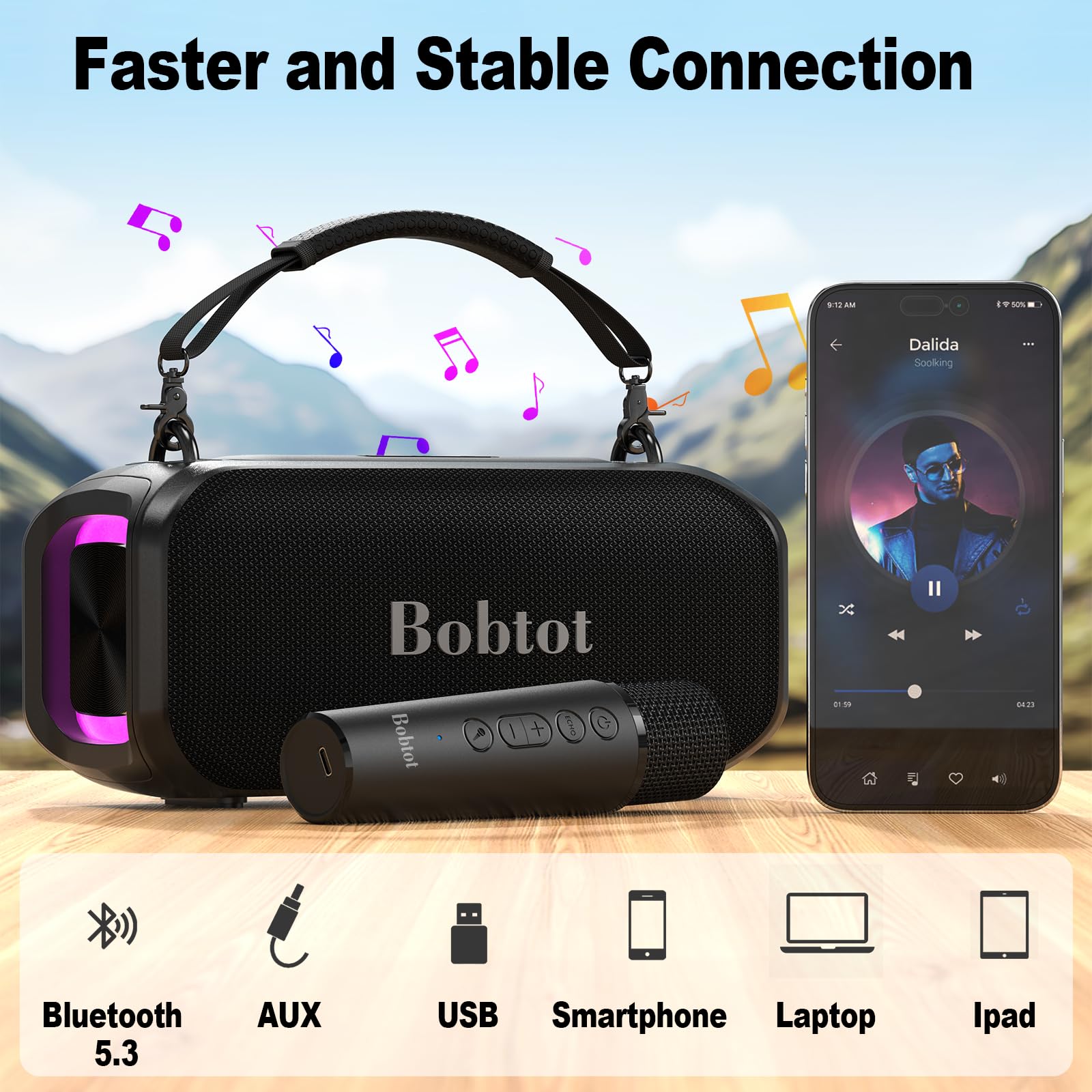 Small Portable Speaker for Adults and Kids with Wireless Microphone, 40W Peak Bluetooth Speaker, Punchy Bass, Four Magic Sound V