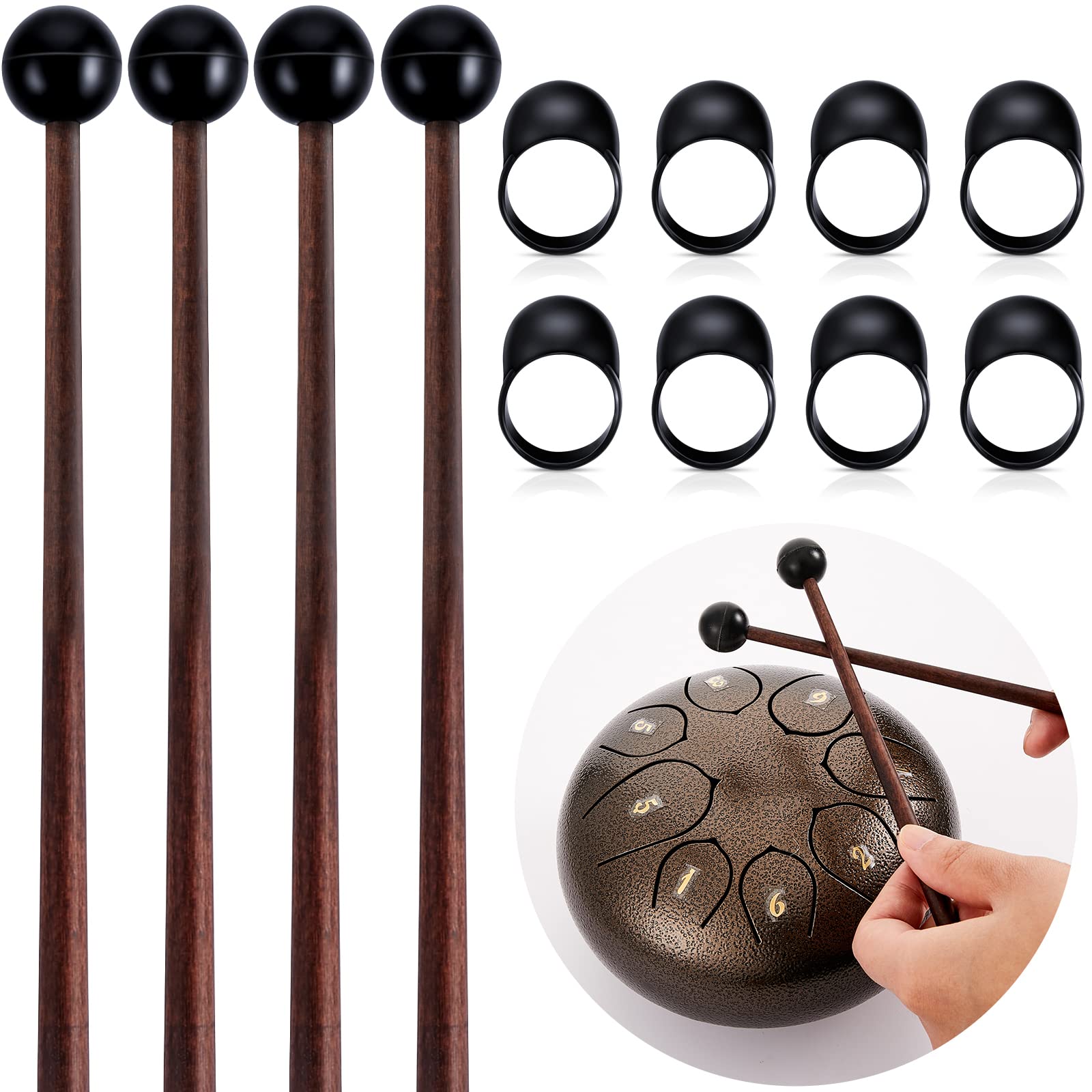 4 Pcs Steel Tongue Drum Mallets 8 Inch Glockenspiel Sticks Drum Stick Mallet and 8 Steel Tongue Drum Finger Sleeves, Silicone Ru