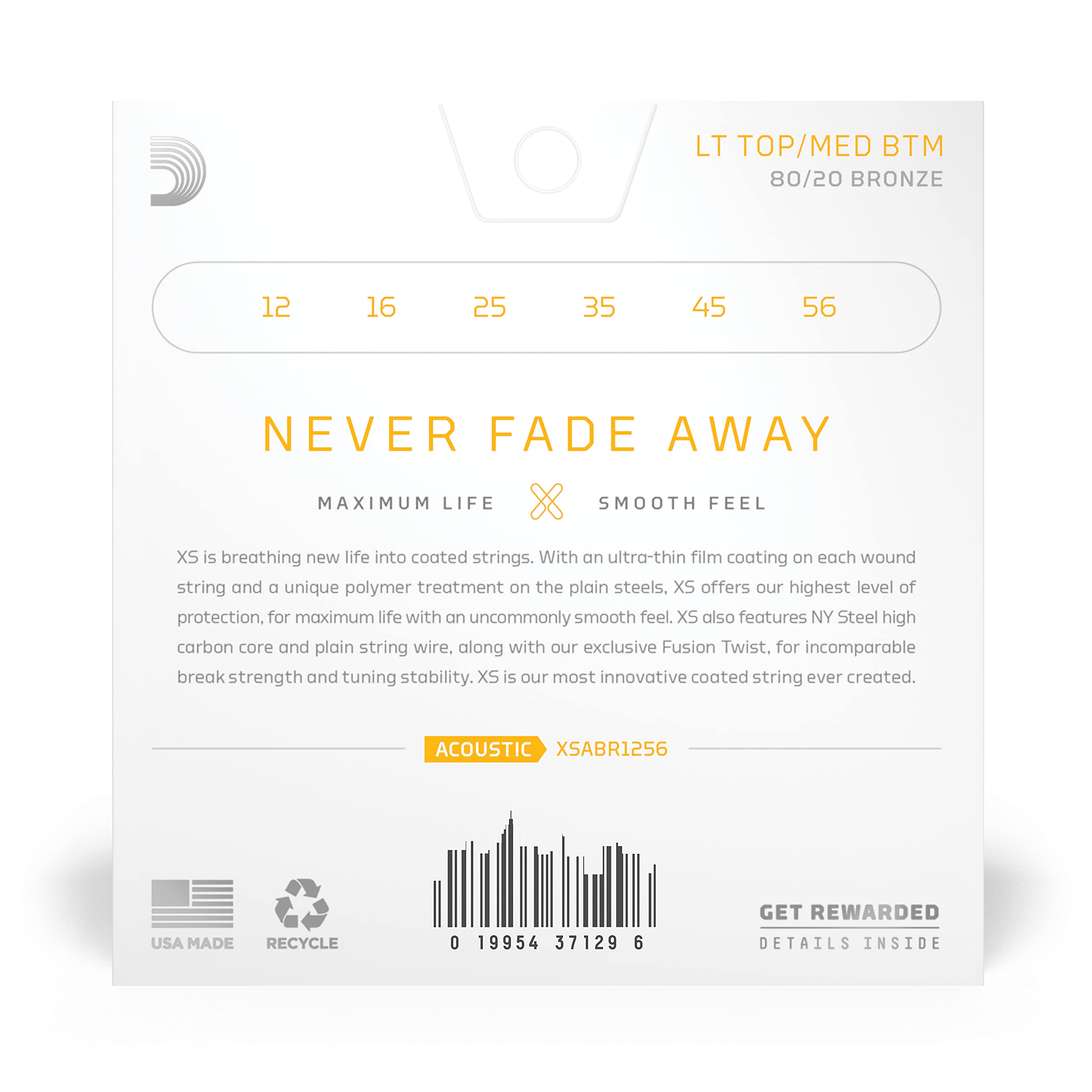 D'Addario Acoustic Guitar Strings, XS 80/20 Bronze Coated, XSABR1256, Light Top/Medium Bottom Gauge 12-56, 6-String Set, Pack of